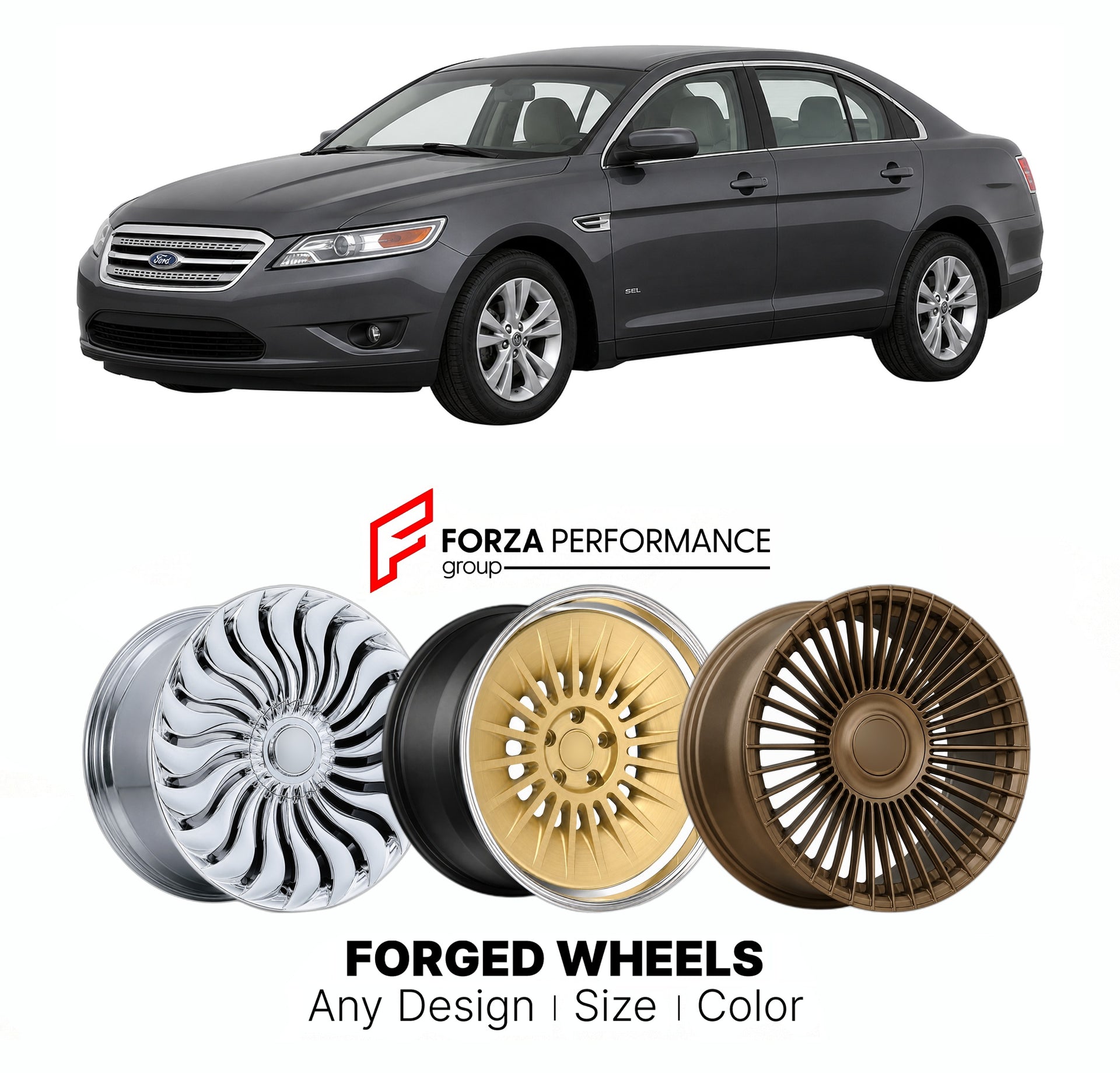 FORGED WHEELS RIMS for FORD TAURUS SEL 2008 - 2019

Custom forged wheels for Ford Taurus SEL 2008 - 2019. Made-to-order monoblock, 2-piece and 3-piece rims in custom sizes, offsets, colors and finishes with guaranteed fitment.

We manufacture premium quality forged wheels rims for Ford Taurus SEL 2008 - 2019 in any design, size, color.

THIS WHEEL DESIGN CAN BE CUSTOM-MADE FOR YOUR CAR IN ANY SIZE AND COLOR OPTIONS
Available in monoblock, 2-piece, 3-piece, duoblock, beadlock
3D wheel renderings are provided