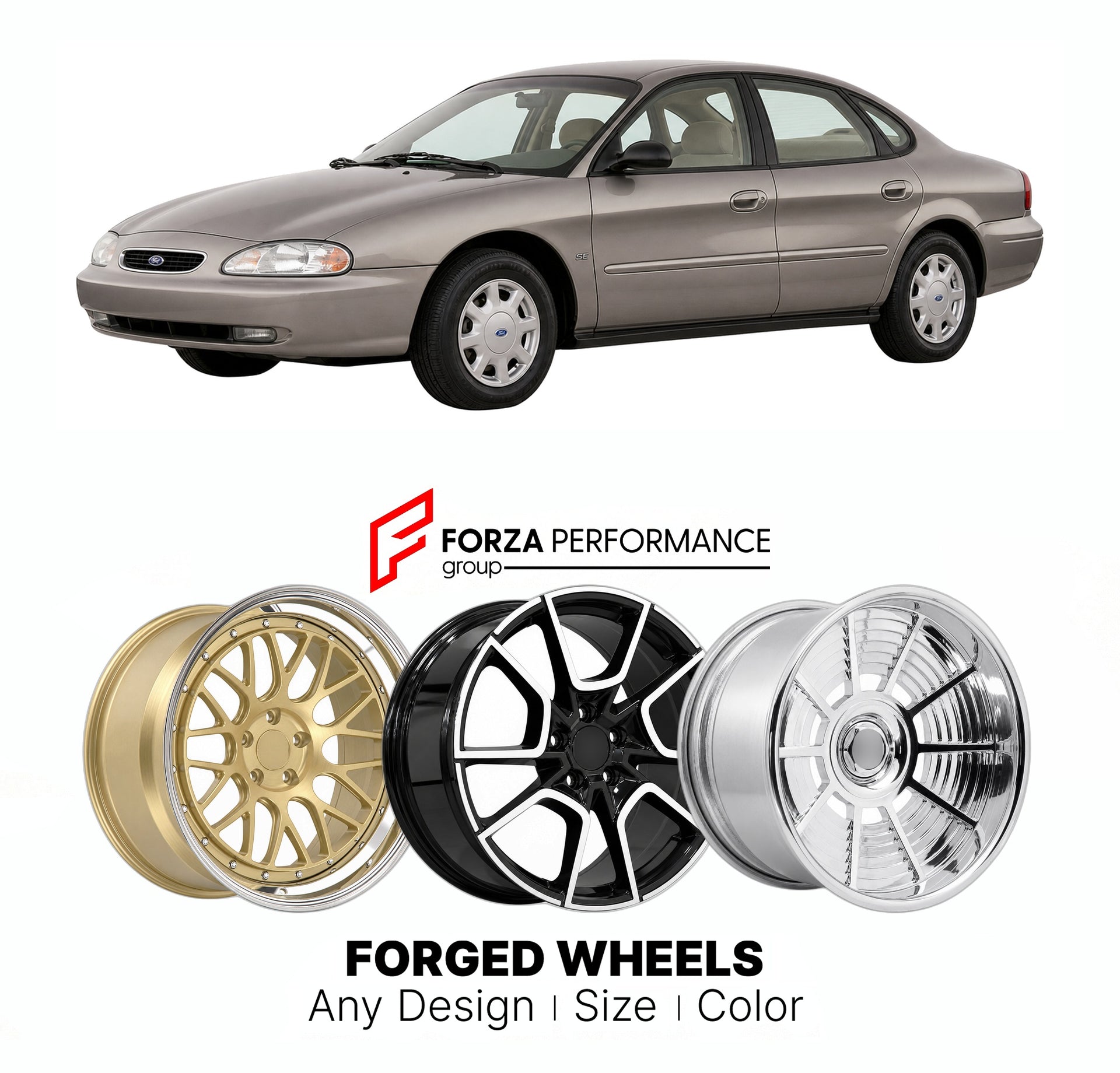 FORGED WHEELS RIMS for FORD TAURUS SE 1996 - 2007

Custom forged wheels for Ford Taurus SE 1996 - 2007. Made-to-order monoblock, 2-piece and 3-piece rims in custom sizes, offsets, colors and finishes with guaranteed fitment.

We manufacture premium quality forged wheels rims for Ford Taurus SE 1996 - 2007 in any design, size, color.

THIS WHEEL DESIGN CAN BE CUSTOM-MADE FOR YOUR CAR IN ANY SIZE AND COLOR OPTIONS
Available in monoblock, 2-piece, 3-piece, duoblock, beadlock
3D wheel renderings are provided ac