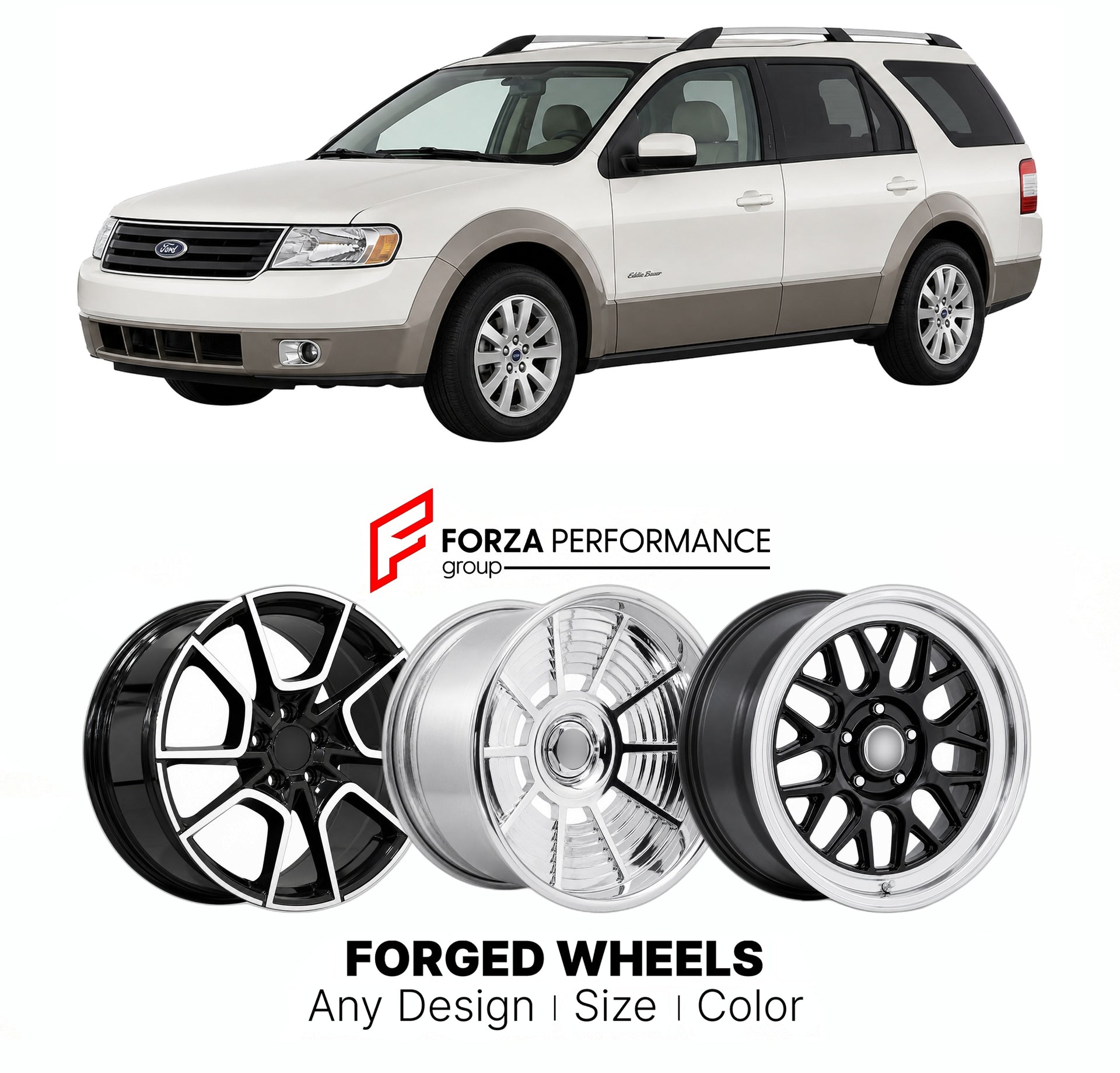 FORGED WHEELS RIMS for FORD TAURUS X EDDIE BAUER 2008 - 2009

Custom forged wheels for Ford Taurus X Eddie Bauer 2008 - 2009. Made-to-order monoblock, 2-piece and 3-piece rims in custom sizes, offsets, colors and finishes with guaranteed fitment.

We manufacture premium quality forged wheels rims for Ford Taurus X Eddie Bauer 2008 - 2009 in any design, size, color.

THIS WHEEL DESIGN CAN BE CUSTOM-MADE FOR YOUR CAR IN ANY SIZE AND COLOR OPTIONS
Available in monoblock, 2-piece, 3-piece, duoblock, beadlock
3D