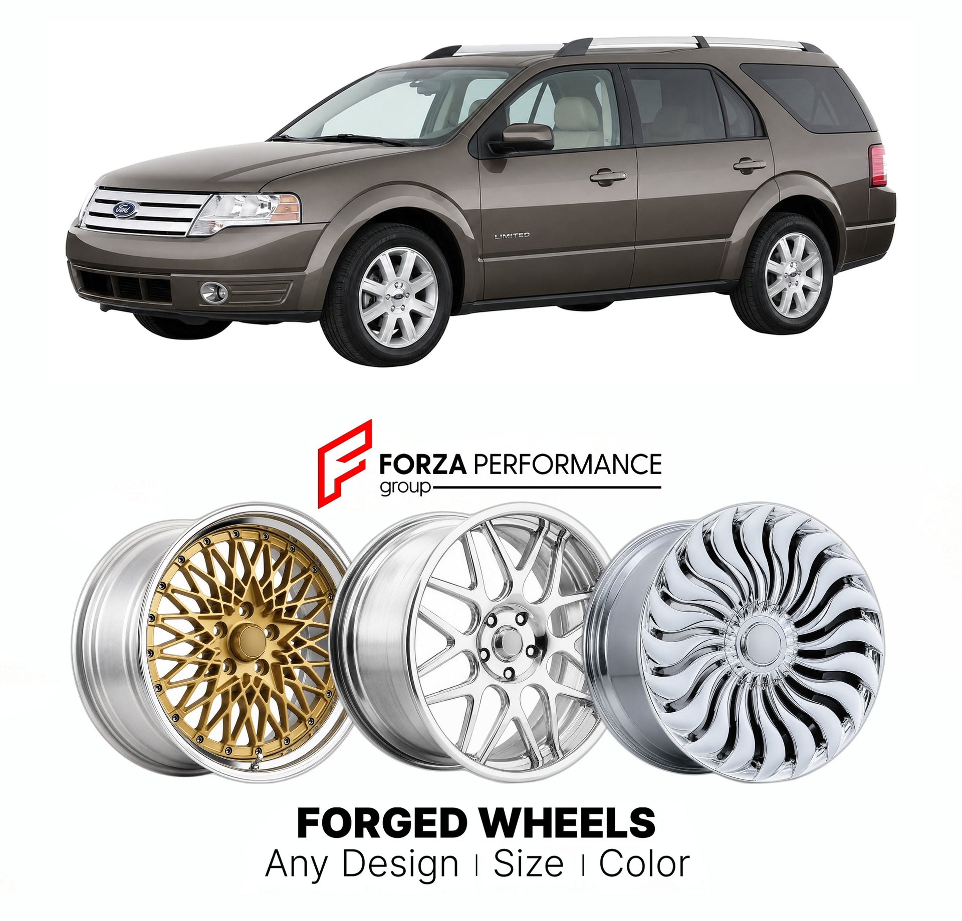 FORGED WHEELS RIMS for FORD TAURUS X LIMITED 2008 - 2009

Custom forged wheels for Ford Taurus X Limited 2008 - 2009. Made-to-order monoblock, 2-piece and 3-piece rims in custom sizes, offsets, colors and finishes with guaranteed fitment.

We manufacture premium quality forged wheels rims for Ford Taurus X Limited 2008 - 2009 in any design, size, color.

THIS WHEEL DESIGN CAN BE CUSTOM-MADE FOR YOUR CAR IN ANY SIZE AND COLOR OPTIONS
Available in monoblock, 2-piece, 3-piece, duoblock, beadlock
3D wheel rende