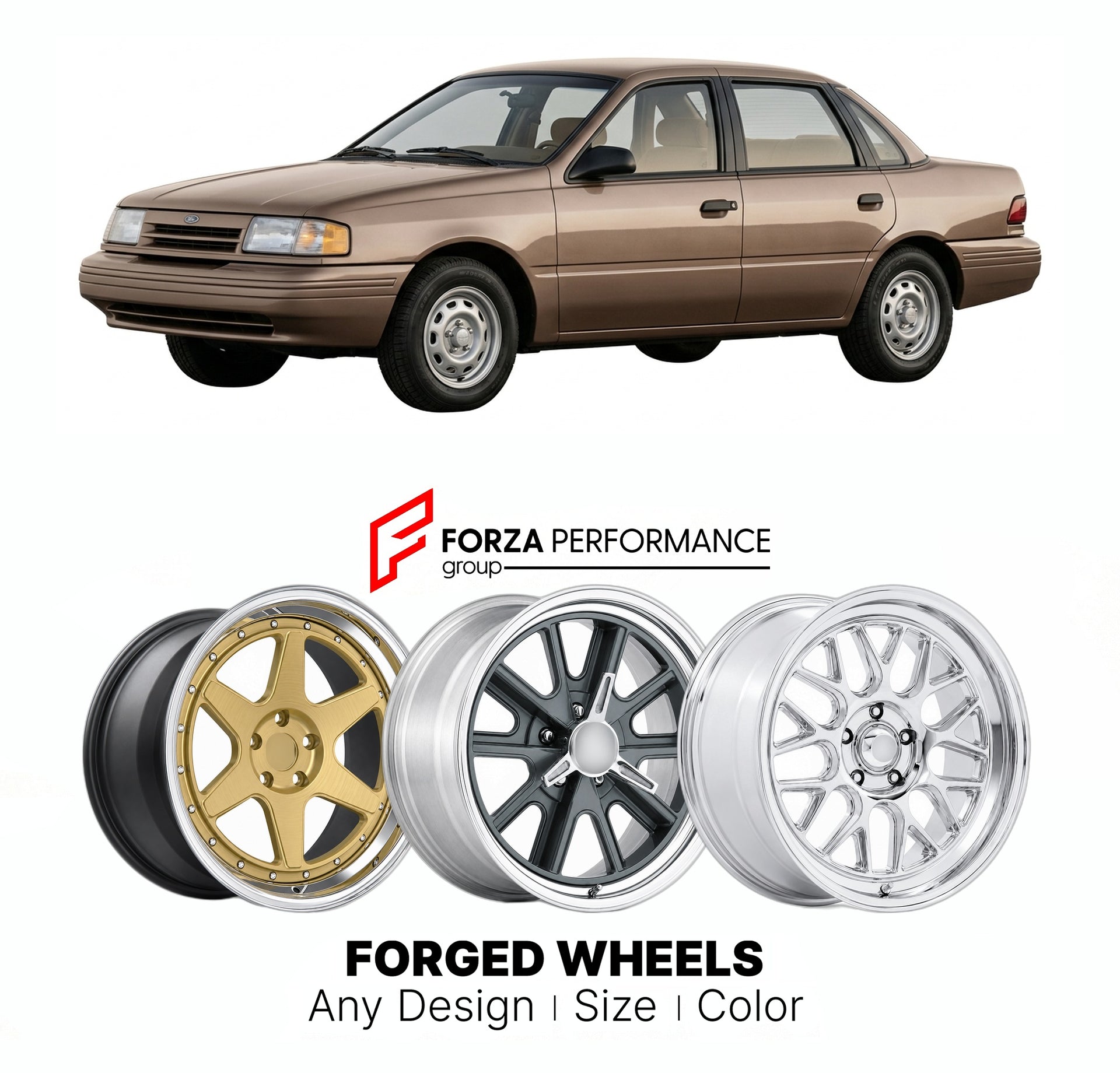 FORGED WHEELS RIMS for FORD TEMPO 1990 - 1994

Custom forged wheels for Ford Tempo 1990 - 1994. Made-to-order monoblock, 2-piece and 3-piece rims in custom sizes, offsets, colors and finishes with guaranteed fitment.

We manufacture premium quality forged wheels rims for Ford Tempo 1990 - 1994 in any design, size, color.

THIS WHEEL DESIGN CAN BE CUSTOM-MADE FOR YOUR CAR IN ANY SIZE AND COLOR OPTIONS
Available in monoblock, 2-piece, 3-piece, duoblock, beadlock
3D wheel renderings are provided according to t