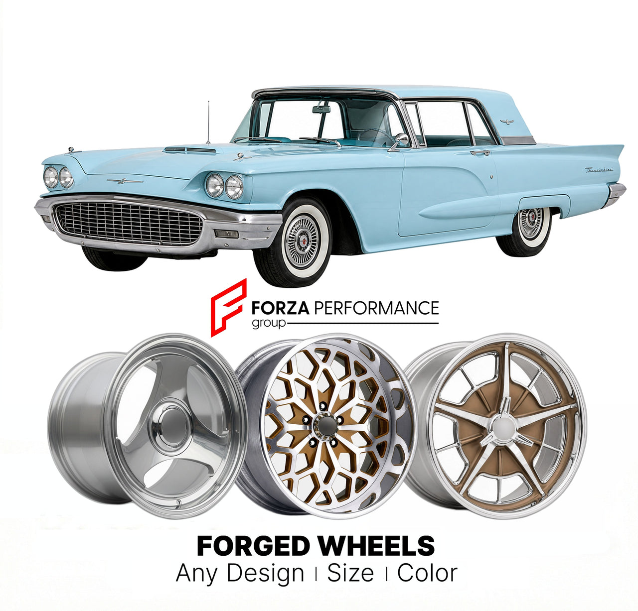 CUSTOM CLASSIC VINTAGE RESTOMOD RETRO OLD SCHOOL FORGED WHEELS RIMS for FORD THUNDERBIRD 1958 - 1960
Custom forged wheels for classic American muscle cars. Ideal for restomod builds, vintage restorations, and show cars. Deep dish and retro styling available.

We manufacture premium quality forged wheels rims for Ford Thunderbird 1958 - 1960 in any design, size, color.

THIS WHEEL DESIGN CAN BE CUSTOM-MADE FOR YOUR CAR IN ANY SIZE AND COLOR OPTIONS
Available in monoblock, 2-piece, 3-piece, duoblock, beadlock