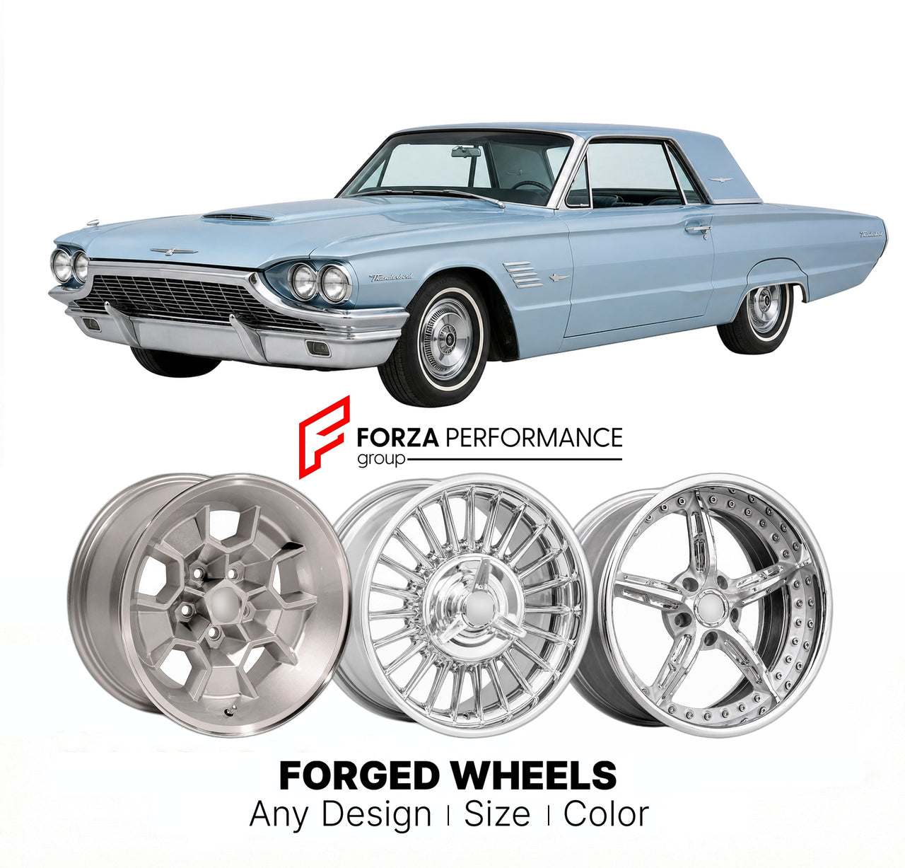 CUSTOM CLASSIC VINTAGE RESTOMOD RETRO OLD SCHOOL FORGED WHEELS RIMS for FORD THUNDERBIRD 1964 - 1966
Custom forged wheels for classic American muscle cars. Ideal for restomod builds, vintage restorations, and show cars. Deep dish and retro styling available.

We manufacture premium quality forged wheels rims for Ford Thunderbird 1964 - 1966 in any design, size, color.

THIS WHEEL DESIGN CAN BE CUSTOM-MADE FOR YOUR CAR IN ANY SIZE AND COLOR OPTIONS
Available in monoblock, 2-piece, 3-piece, duoblock, beadlock