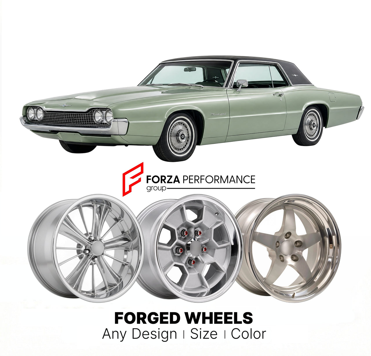 CUSTOM CLASSIC VINTAGE RESTOMOD RETRO OLD SCHOOL FORGED WHEELS RIMS for FORD THUNDERBIRD 1967 - 1969
Custom forged wheels for classic American muscle cars. Ideal for restomod builds, vintage restorations, and show cars. Deep dish and retro styling available.

We manufacture premium quality forged wheels rims for Ford Thunderbird 1967 - 1969 in any design, size, color.

THIS WHEEL DESIGN CAN BE CUSTOM-MADE FOR YOUR CAR IN ANY SIZE AND COLOR OPTIONS
Available in monoblock, 2-piece, 3-piece, duoblock, beadlock