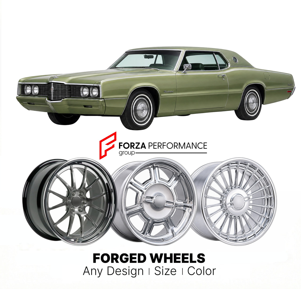 CUSTOM CLASSIC VINTAGE RESTOMOD RETRO OLD SCHOOL FORGED WHEELS RIMS for FORD THUNDERBIRD 1970 - 1971
Custom forged wheels for classic American muscle cars. Ideal for restomod builds, vintage restorations, and show cars. Deep dish and retro styling available.

We manufacture premium quality forged wheels rims for Ford Thunderbird 1970 - 1971 in any design, size, color.

THIS WHEEL DESIGN CAN BE CUSTOM-MADE FOR YOUR CAR IN ANY SIZE AND COLOR OPTIONS
Available in monoblock, 2-piece, 3-piece, duoblock, beadlock