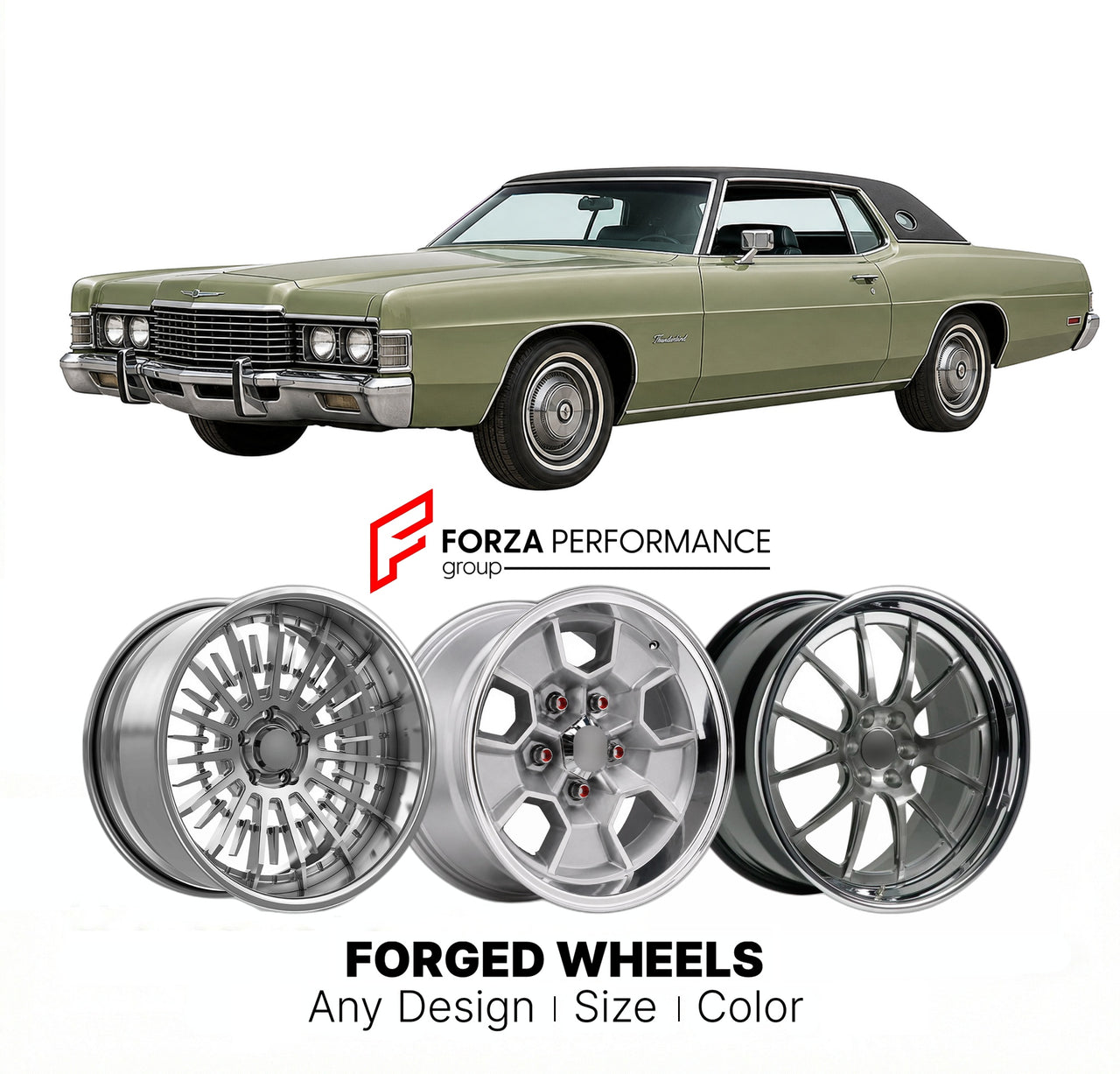 CUSTOM CLASSIC VINTAGE RESTOMOD RETRO OLD SCHOOL FORGED WHEELS RIMS for FORD THUNDERBIRD 1972 - 1976
Custom forged wheels for classic American muscle cars. Ideal for restomod builds, vintage restorations, and show cars. Deep dish and retro styling available.

We manufacture premium quality forged wheels rims for Ford Thunderbird 1972 - 1976 in any design, size, color.

THIS WHEEL DESIGN CAN BE CUSTOM-MADE FOR YOUR CAR IN ANY SIZE AND COLOR OPTIONS
Available in monoblock, 2-piece, 3-piece, duoblock, beadlock