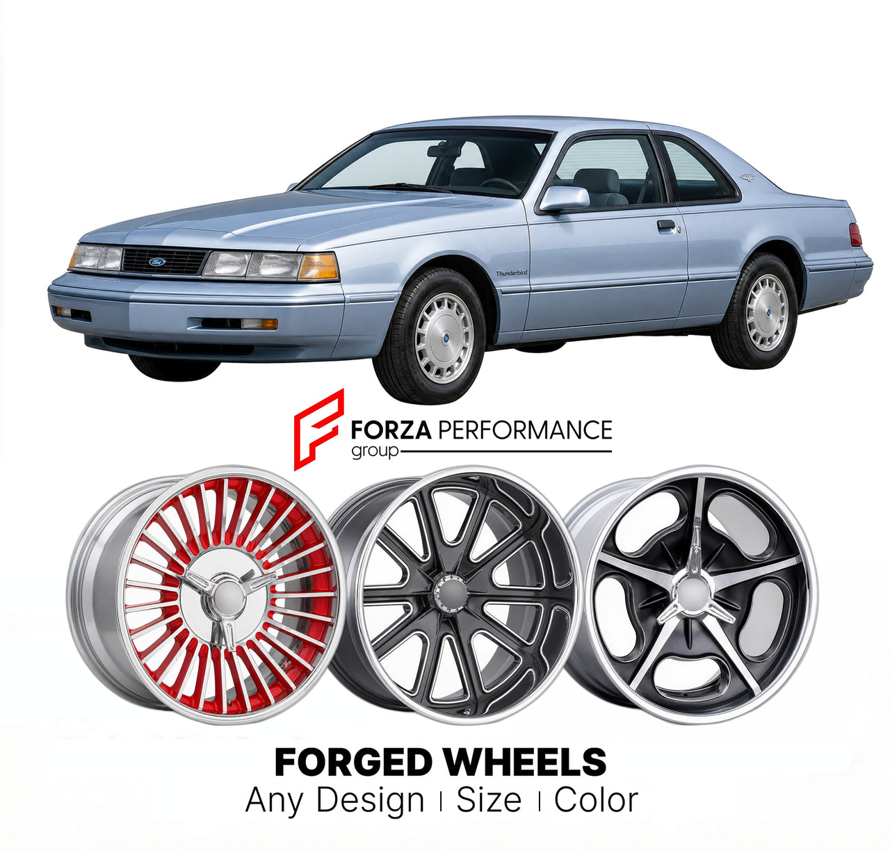 CUSTOM CLASSIC VINTAGE RESTOMOD RETRO OLD SCHOOL FORGED WHEELS RIMS for FORD THUNDERBIRD 1983 - 1988
Custom forged wheels for classic American muscle cars. Ideal for restomod builds, vintage restorations, and show cars. Deep dish and retro styling available.

We manufacture premium quality forged wheels rims for Ford Thunderbird 1983 - 1988 in any design, size, color.

THIS WHEEL DESIGN CAN BE CUSTOM-MADE FOR YOUR CAR IN ANY SIZE AND COLOR OPTIONS
Available in monoblock, 2-piece, 3-piece, duoblock, beadlock