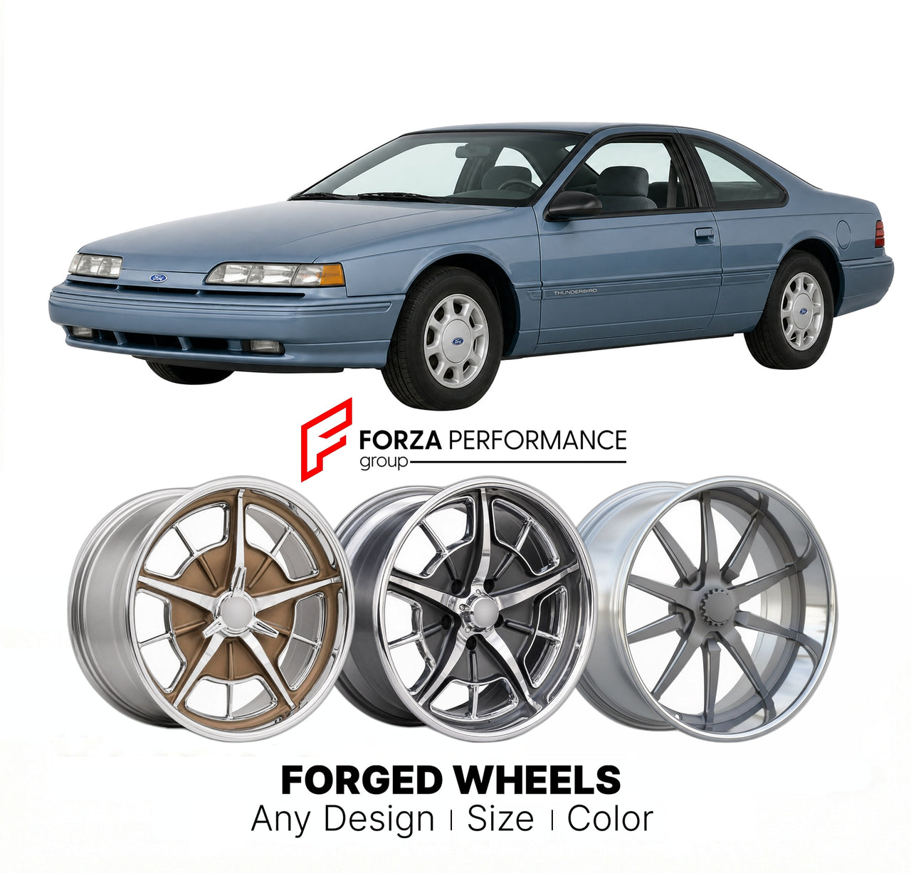 CUSTOM CLASSIC VINTAGE RESTOMOD RETRO OLD SCHOOL FORGED WHEELS RIMS for FORD THUNDERBIRD 1989 - 1990
Custom forged wheels for classic American muscle cars. Ideal for restomod builds, vintage restorations, and show cars. Deep dish and retro styling available.

We manufacture premium quality forged wheels rims for Ford Thunderbird 1989 - 1990 in any design, size, color.

THIS WHEEL DESIGN CAN BE CUSTOM-MADE FOR YOUR CAR IN ANY SIZE AND COLOR OPTIONS
Available in monoblock, 2-piece, 3-piece, duoblock, beadlock