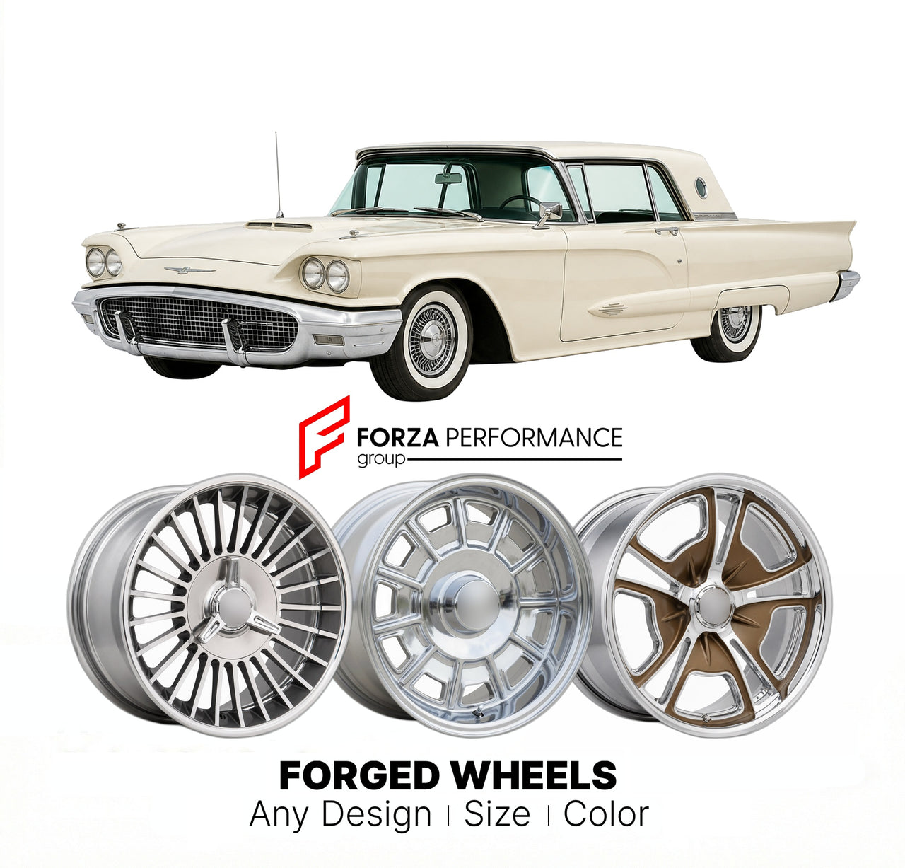 CUSTOM CLASSIC VINTAGE RESTOMOD RETRO OLD SCHOOL FORGED WHEELS RIMS for FORD THUNDERBIRD LANDAU 1958 - 1960
Custom forged wheels for classic American muscle cars. Ideal for restomod builds, vintage restorations, and show cars. Deep dish and retro styling available.

We manufacture premium quality forged wheels rims for Ford Thunderbird Landau 1958 - 1960 in any design, size, color.

THIS WHEEL DESIGN CAN BE CUSTOM-MADE FOR YOUR CAR IN ANY SIZE AND COLOR OPTIONS
Available in monoblock, 2-piece, 3-piece, duob