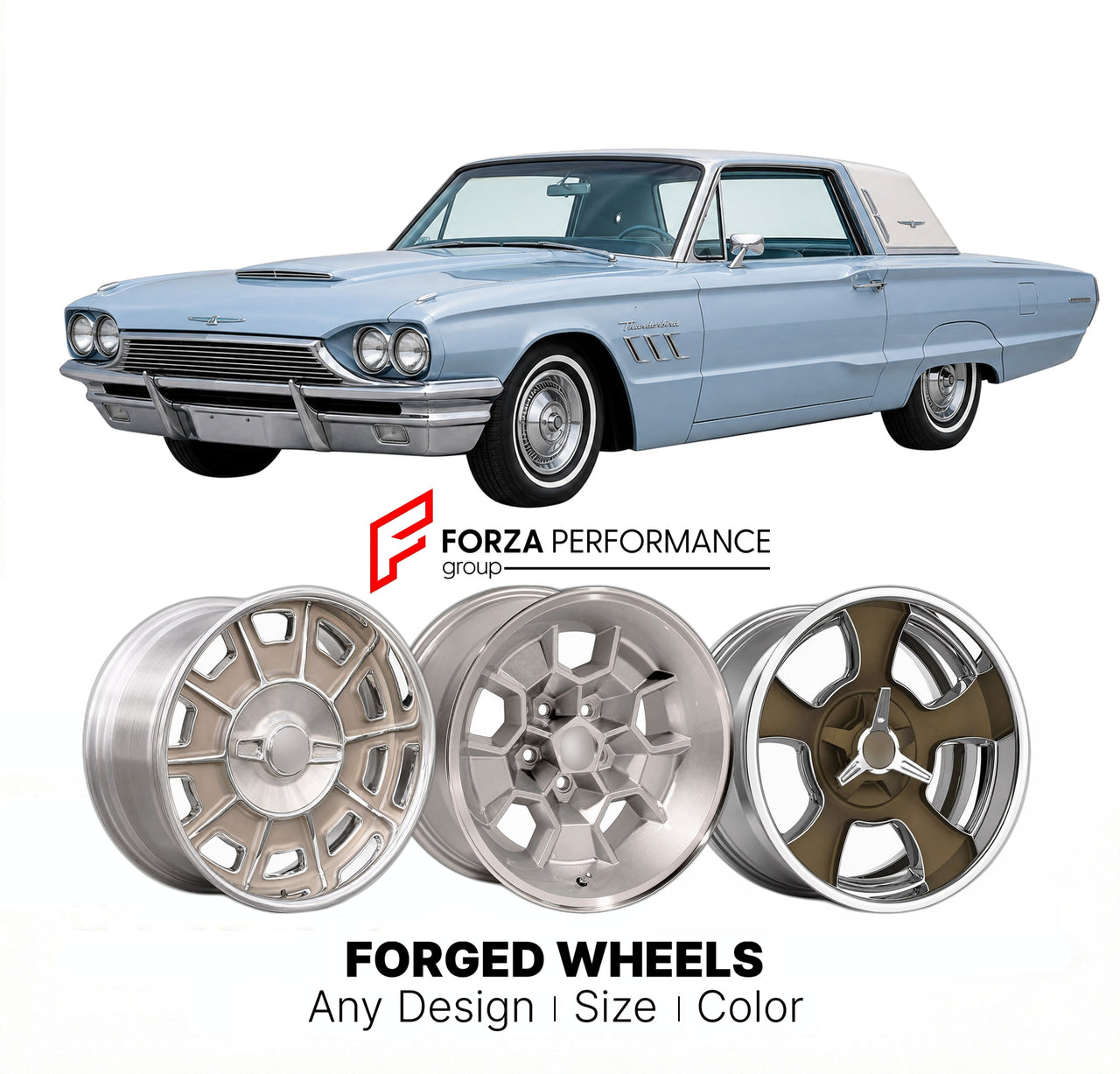 CUSTOM CLASSIC VINTAGE RESTOMOD RETRO OLD SCHOOL FORGED WHEELS RIMS for FORD THUNDERBIRD LANDAU 1964 - 1966
Custom forged wheels for classic American muscle cars. Ideal for restomod builds, vintage restorations, and show cars. Deep dish and retro styling available.

We manufacture premium quality forged wheels rims for Ford Thunderbird Landau 1964 - 1966 in any design, size, color.

THIS WHEEL DESIGN CAN BE CUSTOM-MADE FOR YOUR CAR IN ANY SIZE AND COLOR OPTIONS
Available in monoblock, 2-piece, 3-piece, duob