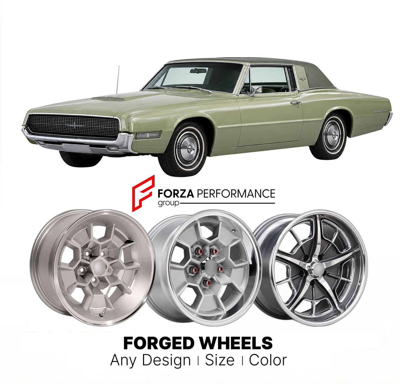 CUSTOM CLASSIC VINTAGE RESTOMOD RETRO OLD SCHOOL FORGED WHEELS RIMS for FORD THUNDERBIRD LANDAU 1967 - 1969
Custom forged wheels for classic American muscle cars. Ideal for restomod builds, vintage restorations, and show cars. Deep dish and retro styling available.

We manufacture premium quality forged wheels rims for Ford Thunderbird Landau 1967 - 1969 in any design, size, color.

THIS WHEEL DESIGN CAN BE CUSTOM-MADE FOR YOUR CAR IN ANY SIZE AND COLOR OPTIONS
Available in monoblock, 2-piece, 3-piece, duob