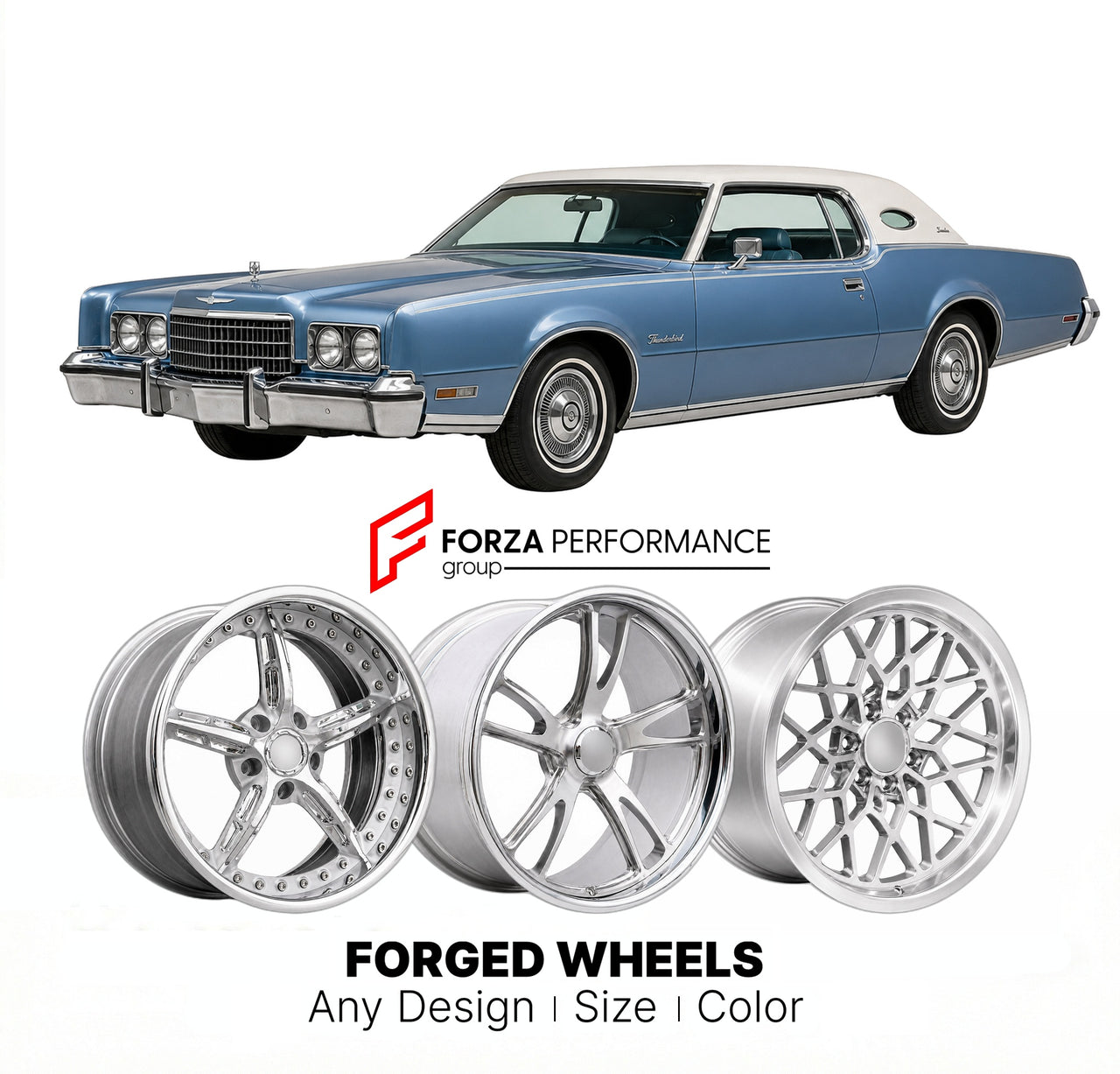 CUSTOM CLASSIC VINTAGE RESTOMOD RETRO OLD SCHOOL FORGED WHEELS RIMS for FORD THUNDERBIRD LANDAU 1972 - 1976
Custom forged wheels for classic American muscle cars. Ideal for restomod builds, vintage restorations, and show cars. Deep dish and retro styling available.

We manufacture premium quality forged wheels rims for Ford Thunderbird Landau 1972 - 1976 in any design, size, color.

THIS WHEEL DESIGN CAN BE CUSTOM-MADE FOR YOUR CAR IN ANY SIZE AND COLOR OPTIONS
Available in monoblock, 2-piece, 3-piece, duob