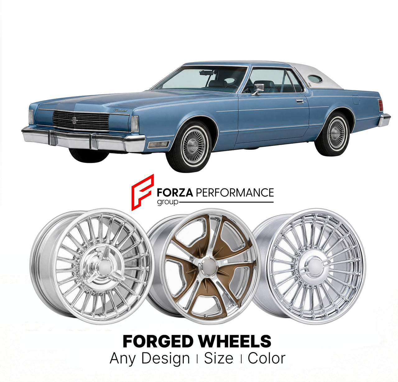 CUSTOM CLASSIC VINTAGE RESTOMOD RETRO OLD SCHOOL FORGED WHEELS RIMS for FORD THUNDERBIRD LANDAU 1977 - 1979
Custom forged wheels for classic American muscle cars. Ideal for restomod builds, vintage restorations, and show cars. Deep dish and retro styling available.

We manufacture premium quality forged wheels rims for Ford Thunderbird Landau 1977 - 1979 in any design, size, color.

THIS WHEEL DESIGN CAN BE CUSTOM-MADE FOR YOUR CAR IN ANY SIZE AND COLOR OPTIONS
Available in monoblock, 2-piece, 3-piece, duob
