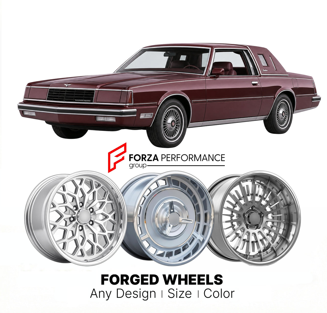 CUSTOM CLASSIC VINTAGE RESTOMOD RETRO OLD SCHOOL FORGED WHEELS RIMS for FORD THUNDERBIRD LANDAU 1980 - 1982
Custom forged wheels for classic American muscle cars. Ideal for restomod builds, vintage restorations, and show cars. Deep dish and retro styling available.

We manufacture premium quality forged wheels rims for Ford Thunderbird Landau 1980 - 1982 in any design, size, color.

THIS WHEEL DESIGN CAN BE CUSTOM-MADE FOR YOUR CAR IN ANY SIZE AND COLOR OPTIONS
Available in monoblock, 2-piece, 3-piece, duob