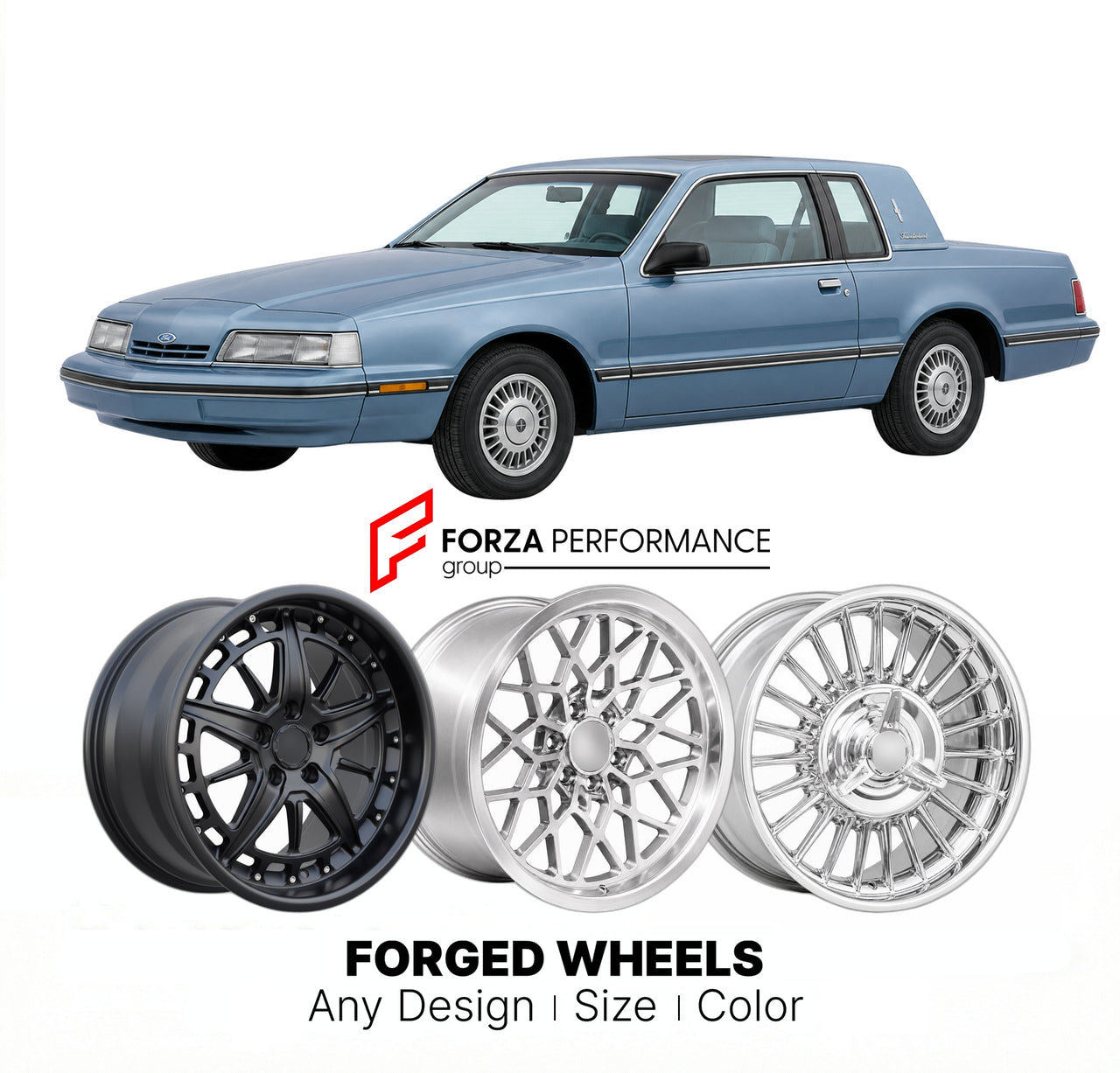 CUSTOM CLASSIC VINTAGE RESTOMOD RETRO OLD SCHOOL FORGED WHEELS RIMS for FORD THUNDERBIRD LANDAU 1983 - 1988
Custom forged wheels for classic American muscle cars. Ideal for restomod builds, vintage restorations, and show cars. Deep dish and retro styling available.

We manufacture premium quality forged wheels rims for Ford Thunderbird Landau 1983 - 1988 in any design, size, color.

THIS WHEEL DESIGN CAN BE CUSTOM-MADE FOR YOUR CAR IN ANY SIZE AND COLOR OPTIONS
Available in monoblock, 2-piece, 3-piece, duob