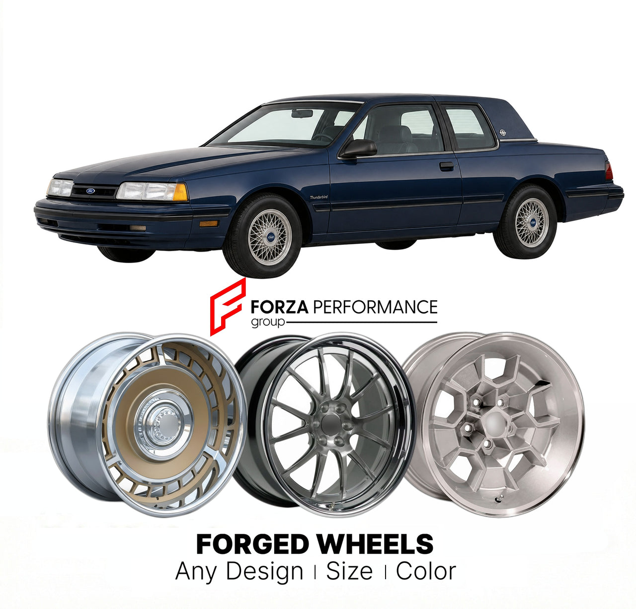 CUSTOM CLASSIC VINTAGE RESTOMOD RETRO OLD SCHOOL FORGED WHEELS RIMS for FORD THUNDERBIRD LANDAU 1989 - 1990
Custom forged wheels for classic American muscle cars. Ideal for restomod builds, vintage restorations, and show cars. Deep dish and retro styling available.

We manufacture premium quality forged wheels rims for Ford Thunderbird Landau 1989 - 1990 in any design, size, color.

THIS WHEEL DESIGN CAN BE CUSTOM-MADE FOR YOUR CAR IN ANY SIZE AND COLOR OPTIONS
Available in monoblock, 2-piece, 3-piece, duob