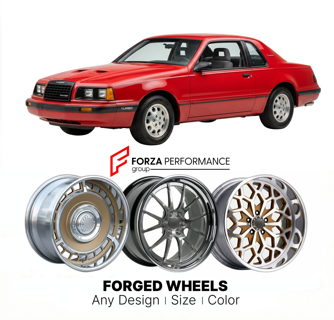 CUSTOM CLASSIC VINTAGE RESTOMOD RETRO OLD SCHOOL FORGED WHEELS RIMS for FORD THUNDERBIRD TURBO COUPE 1983 - 1988
Custom forged wheels for classic American muscle cars. Ideal for restomod builds, vintage restorations, and show cars. Deep dish and retro styling available.

We manufacture premium quality forged wheels rims for Ford Thunderbird Turbo Coupe 1983 - 1988 in any design, size, color.

THIS WHEEL DESIGN CAN BE CUSTOM-MADE FOR YOUR CAR IN ANY SIZE AND COLOR OPTIONS
Available in monoblock, 2-piece, 3-p
