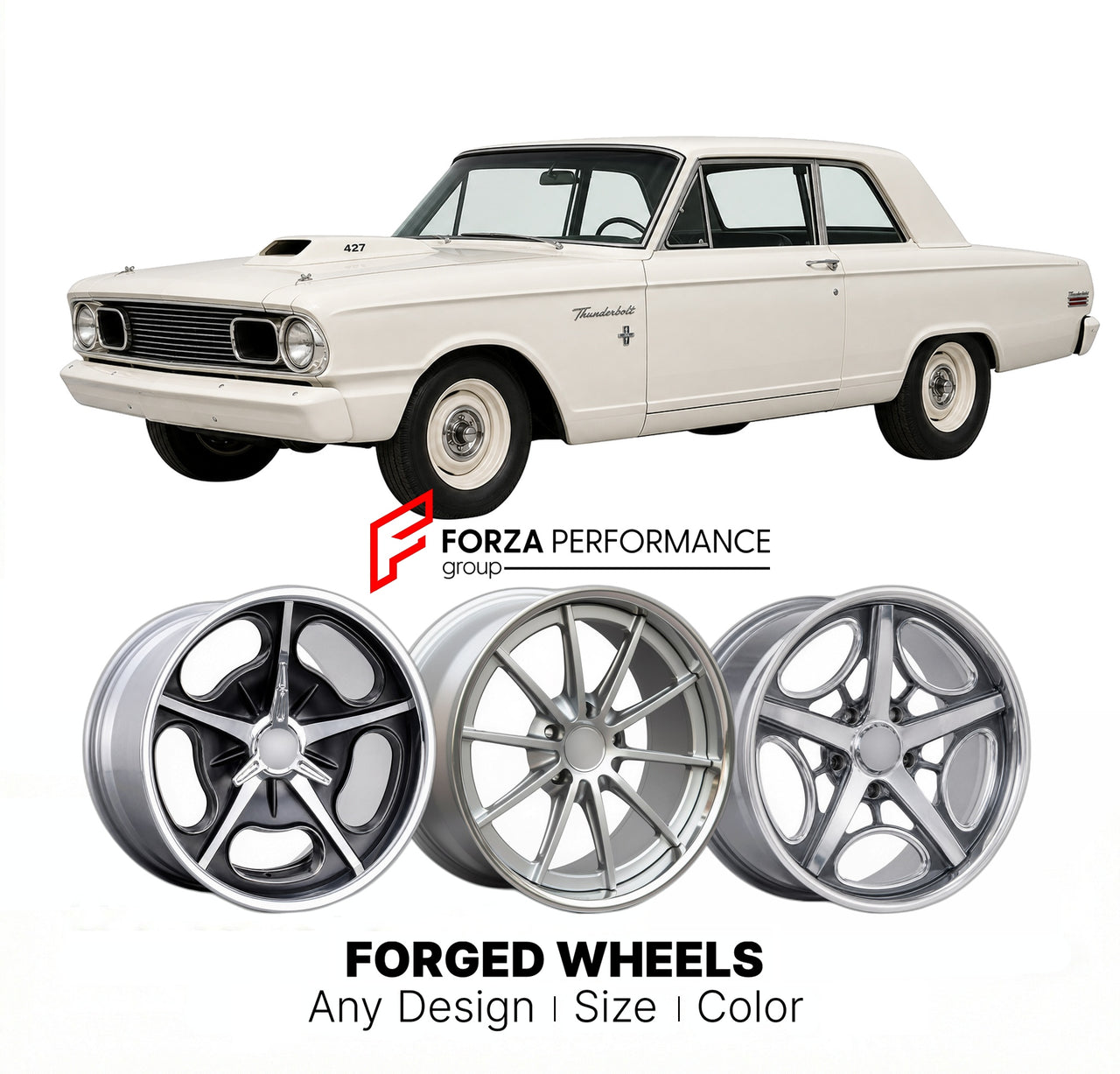 CUSTOM CLASSIC VINTAGE RESTOMOD RETRO OLD SCHOOL FORGED WHEELS RIMS for FORD THUNDERBOLT 1964 - 1964
Custom forged wheels for classic American muscle cars. Ideal for restomod builds, vintage restorations, and show cars. Deep dish and retro styling available.

We manufacture premium quality forged wheels rims for Ford Thunderbolt 1964 - 1964 in any design, size, color.

THIS WHEEL DESIGN CAN BE CUSTOM-MADE FOR YOUR CAR IN ANY SIZE AND COLOR OPTIONS
Available in monoblock, 2-piece, 3-piece, duoblock, beadlock