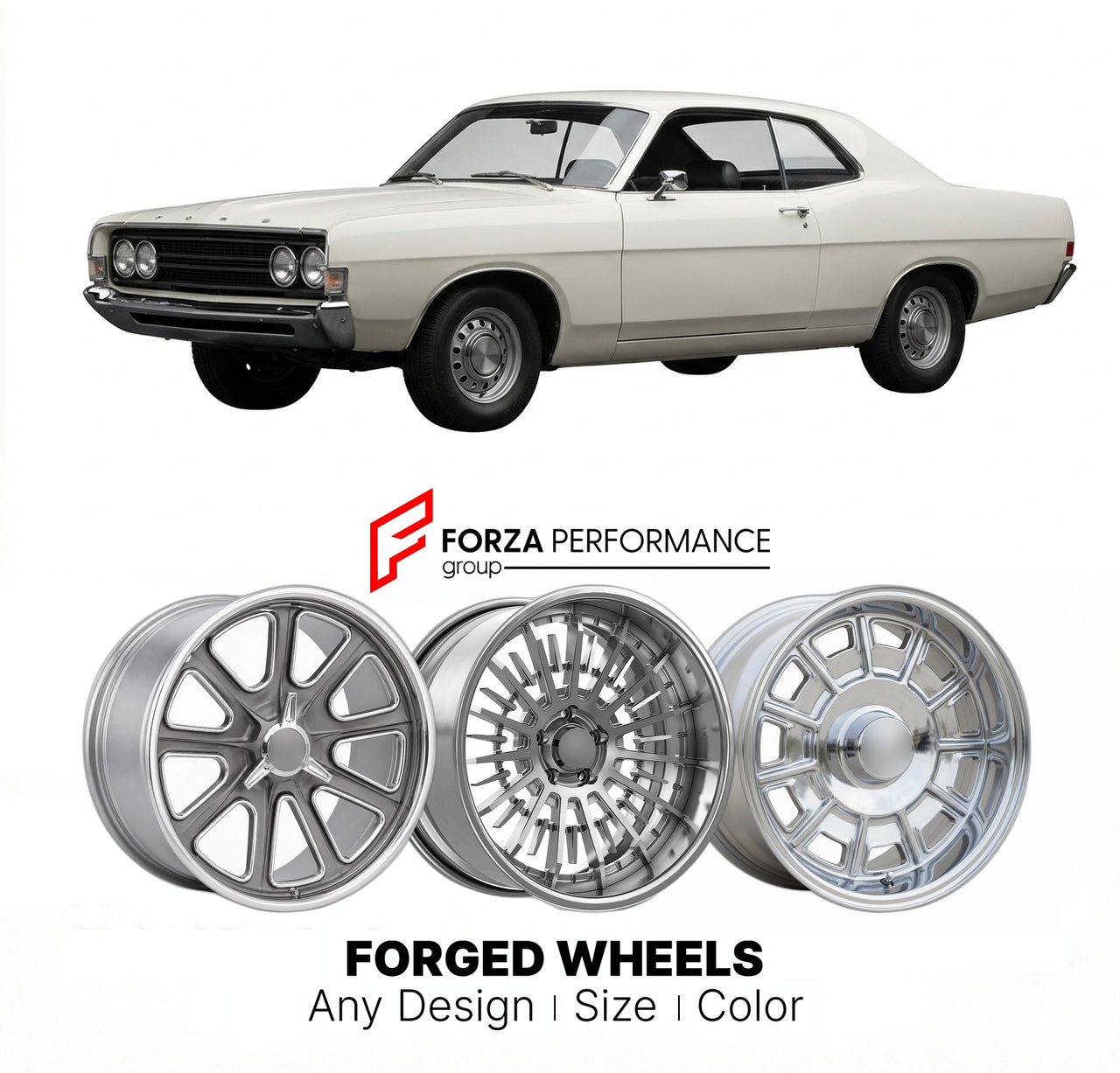 CUSTOM CLASSIC VINTAGE RESTOMOD RETRO OLD SCHOOL FORGED WHEELS RIMS for FORD TORINO 1968 - 1969
Custom forged wheels for classic American muscle cars. Ideal for restomod builds, vintage restorations, and show cars. Deep dish and retro styling available.

We manufacture premium quality forged wheels rims for Ford Torino 1968 - 1969 in any design, size, color.

THIS WHEEL DESIGN CAN BE CUSTOM-MADE FOR YOUR CAR IN ANY SIZE AND COLOR OPTIONS
Available in monoblock, 2-piece, 3-piece, duoblock, beadlock
3D wheel 