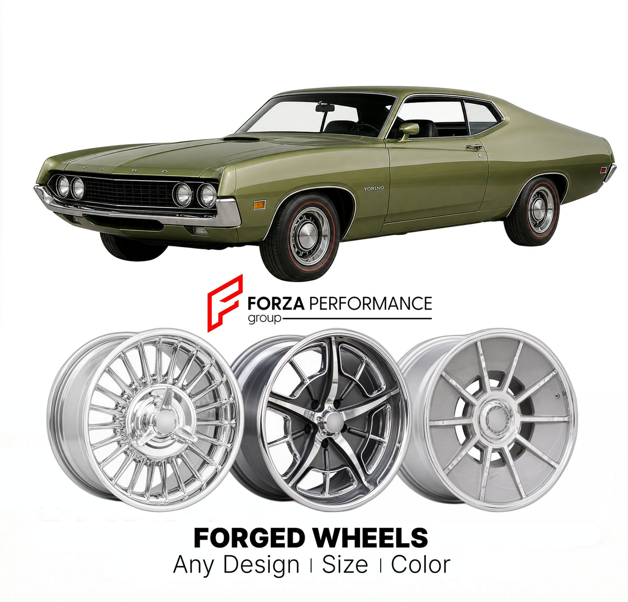 CUSTOM CLASSIC VINTAGE RESTOMOD RETRO OLD SCHOOL FORGED WHEELS RIMS for FORD TORINO 1970 - 1971
Custom forged wheels for classic American muscle cars. Ideal for restomod builds, vintage restorations, and show cars. Deep dish and retro styling available.

We manufacture premium quality forged wheels rims for Ford Torino 1970 - 1971 in any design, size, color.

THIS WHEEL DESIGN CAN BE CUSTOM-MADE FOR YOUR CAR IN ANY SIZE AND COLOR OPTIONS
Available in monoblock, 2-piece, 3-piece, duoblock, beadlock
3D wheel 