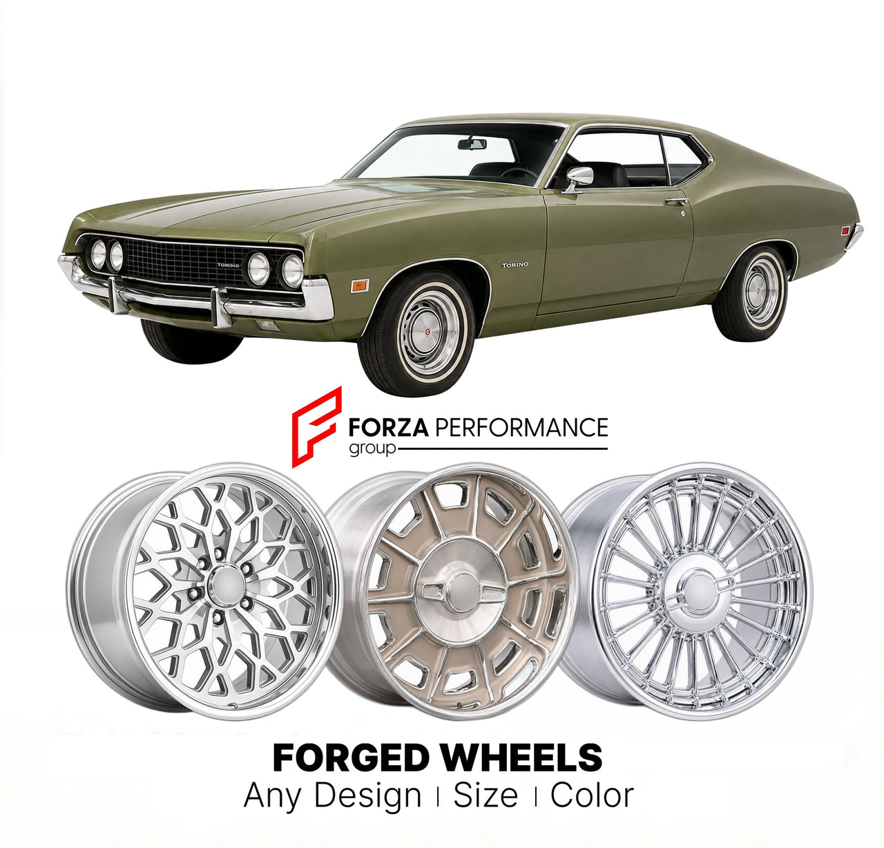 CUSTOM CLASSIC VINTAGE RESTOMOD RETRO OLD SCHOOL FORGED WHEELS RIMS for FORD TORINO 1972 - 1976
Custom forged wheels for classic American muscle cars. Ideal for restomod builds, vintage restorations, and show cars. Deep dish and retro styling available.

We manufacture premium quality forged wheels rims for Ford Torino 1972 - 1976 in any design, size, color.

THIS WHEEL DESIGN CAN BE CUSTOM-MADE FOR YOUR CAR IN ANY SIZE AND COLOR OPTIONS
Available in monoblock, 2-piece, 3-piece, duoblock, beadlock
3D wheel 