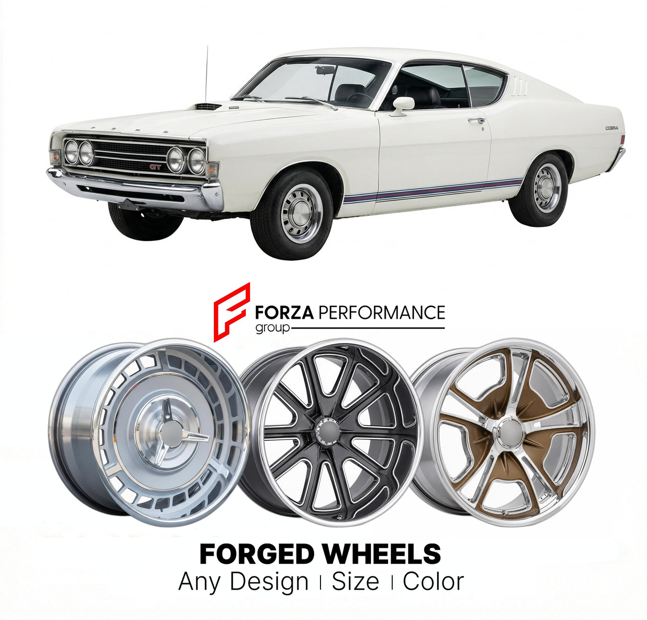 CUSTOM CLASSIC VINTAGE RESTOMOD RETRO OLD SCHOOL FORGED WHEELS RIMS for FORD TORINO COBRA 1968 - 1969
Custom forged wheels for classic American muscle cars. Ideal for restomod builds, vintage restorations, and show cars. Deep dish and retro styling available.

We manufacture premium quality forged wheels rims for Ford Torino Cobra 1968 - 1969 in any design, size, color.

THIS WHEEL DESIGN CAN BE CUSTOM-MADE FOR YOUR CAR IN ANY SIZE AND COLOR OPTIONS
Available in monoblock, 2-piece, 3-piece, duoblock, beadlo