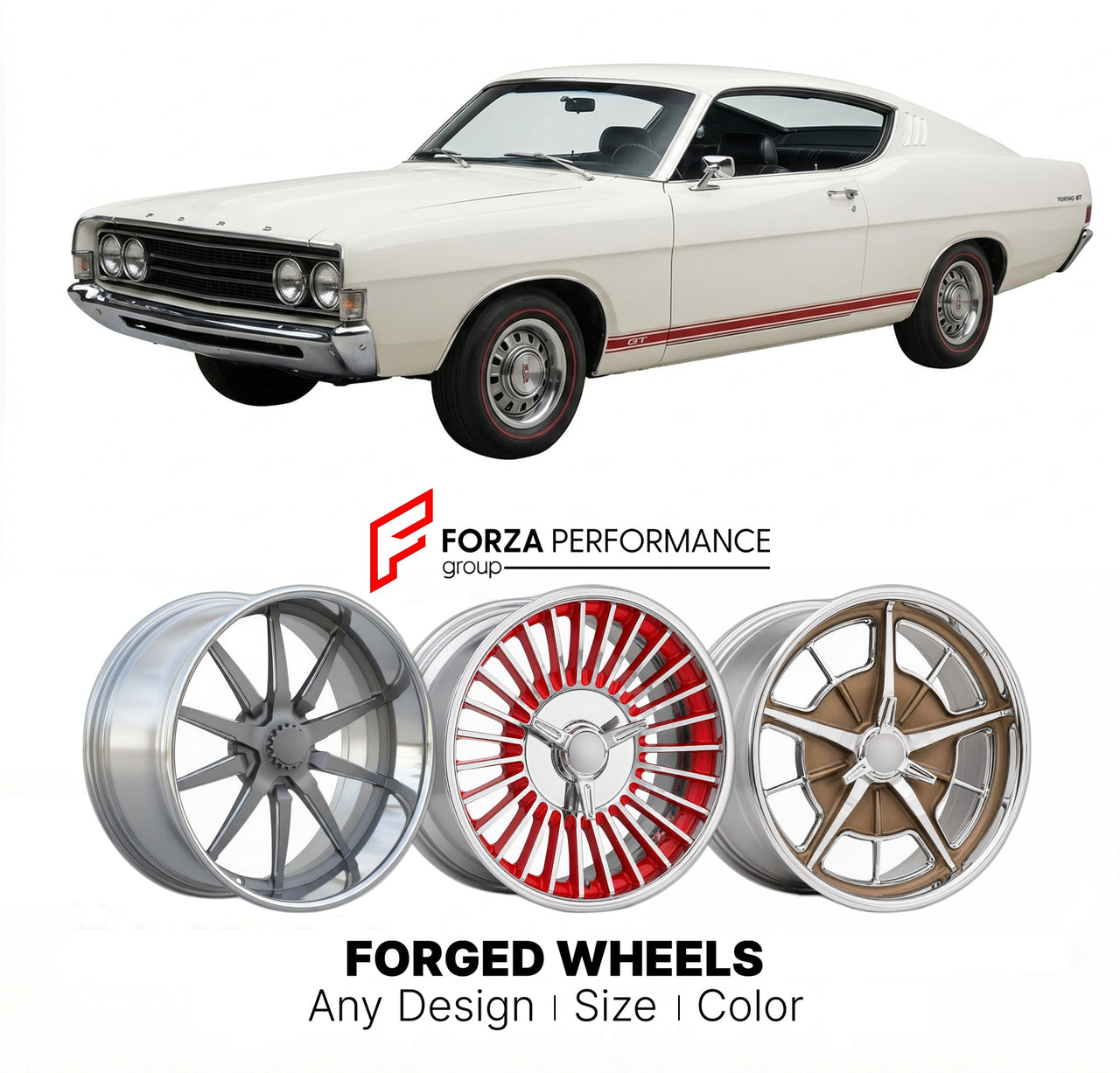 CUSTOM CLASSIC VINTAGE RESTOMOD RETRO OLD SCHOOL FORGED WHEELS RIMS for FORD TORINO GT 1968 - 1969
Custom forged wheels for classic American muscle cars. Ideal for restomod builds, vintage restorations, and show cars. Deep dish and retro styling available.

We manufacture premium quality forged wheels rims for Ford Torino GT 1968 - 1969 in any design, size, color.

THIS WHEEL DESIGN CAN BE CUSTOM-MADE FOR YOUR CAR IN ANY SIZE AND COLOR OPTIONS
Available in monoblock, 2-piece, 3-piece, duoblock, beadlock
3D 