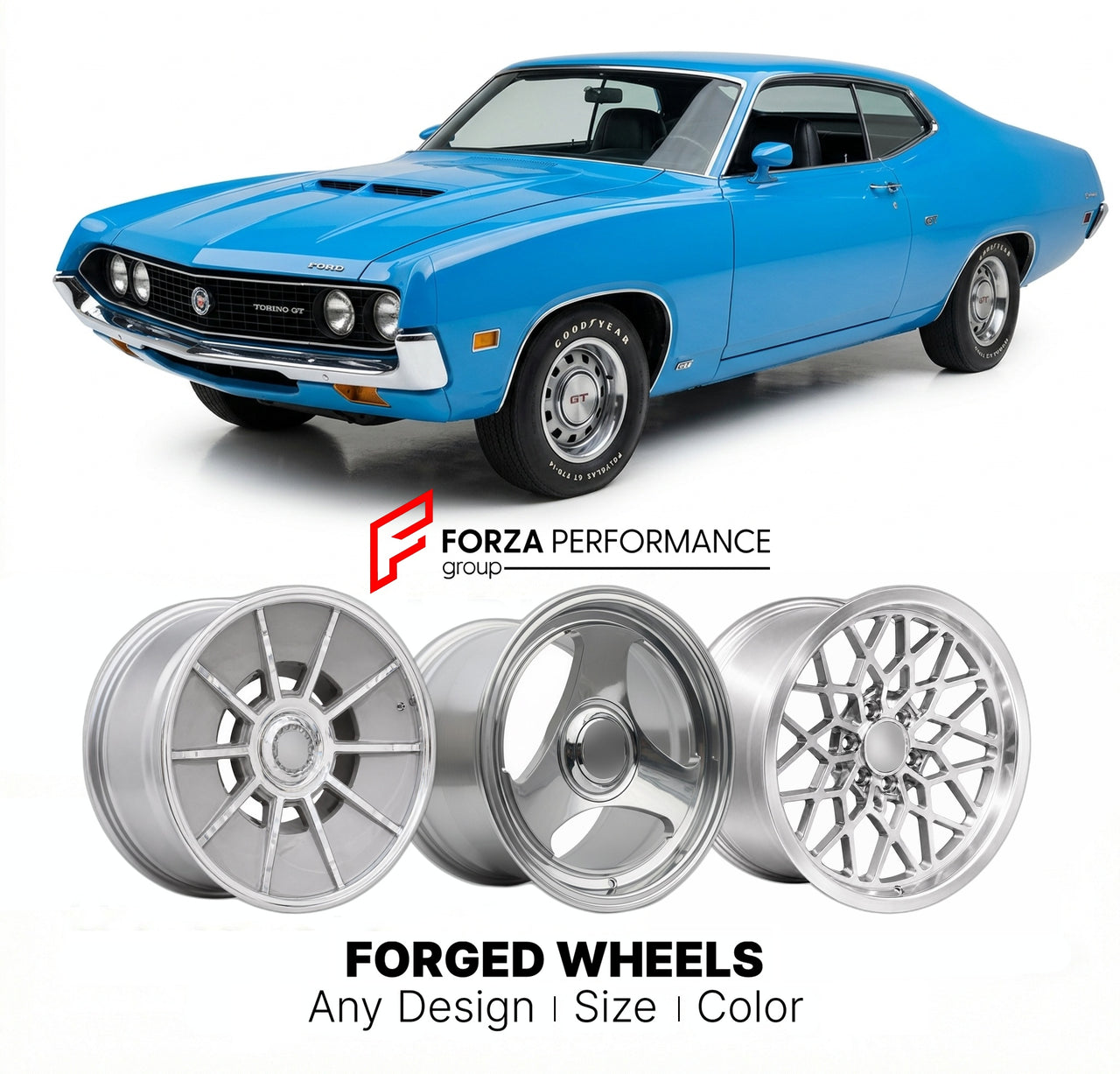 CUSTOM CLASSIC VINTAGE RESTOMOD RETRO OLD SCHOOL FORGED WHEELS RIMS for FORD TORINO GT 1970 - 1971
Custom forged wheels for classic American muscle cars. Ideal for restomod builds, vintage restorations, and show cars. Deep dish and retro styling available.

We manufacture premium quality forged wheels rims for Ford Torino GT 1970 - 1971 in any design, size, color.

THIS WHEEL DESIGN CAN BE CUSTOM-MADE FOR YOUR CAR IN ANY SIZE AND COLOR OPTIONS
Available in monoblock, 2-piece, 3-piece, duoblock, beadlock
3D 