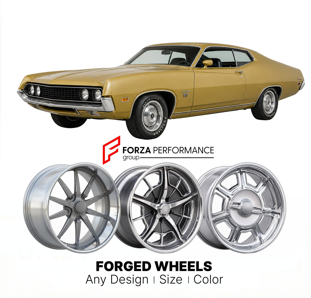 CUSTOM CLASSIC VINTAGE RESTOMOD RETRO OLD SCHOOL FORGED WHEELS RIMS for FORD TORINO GT 1972 - 1976
Custom forged wheels for classic American muscle cars. Ideal for restomod builds, vintage restorations, and show cars. Deep dish and retro styling available.

We manufacture premium quality forged wheels rims for Ford Torino GT 1972 - 1976 in any design, size, color.

THIS WHEEL DESIGN CAN BE CUSTOM-MADE FOR YOUR CAR IN ANY SIZE AND COLOR OPTIONS
Available in monoblock, 2-piece, 3-piece, duoblock, beadlock
3D 