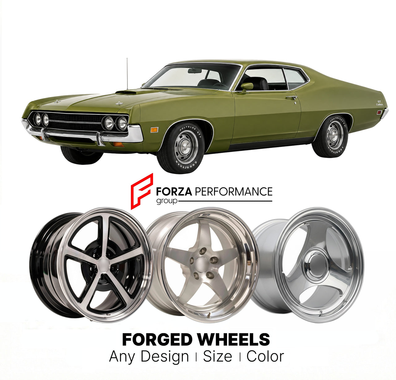CUSTOM CLASSIC VINTAGE RESTOMOD RETRO OLD SCHOOL FORGED WHEELS RIMS for FORD TORINO GT COBRA 428 TALLADEGA 1970 - 1971
Custom forged wheels for classic American muscle cars. Ideal for restomod builds, vintage restorations, and show cars. Deep dish and retro styling available.

We manufacture premium quality forged wheels rims for Ford Torino GT Cobra 428 Talladega 1970 - 1971 in any design, size, color.

THIS WHEEL DESIGN CAN BE CUSTOM-MADE FOR YOUR CAR IN ANY SIZE AND COLOR OPTIONS
Available in monoblock, 