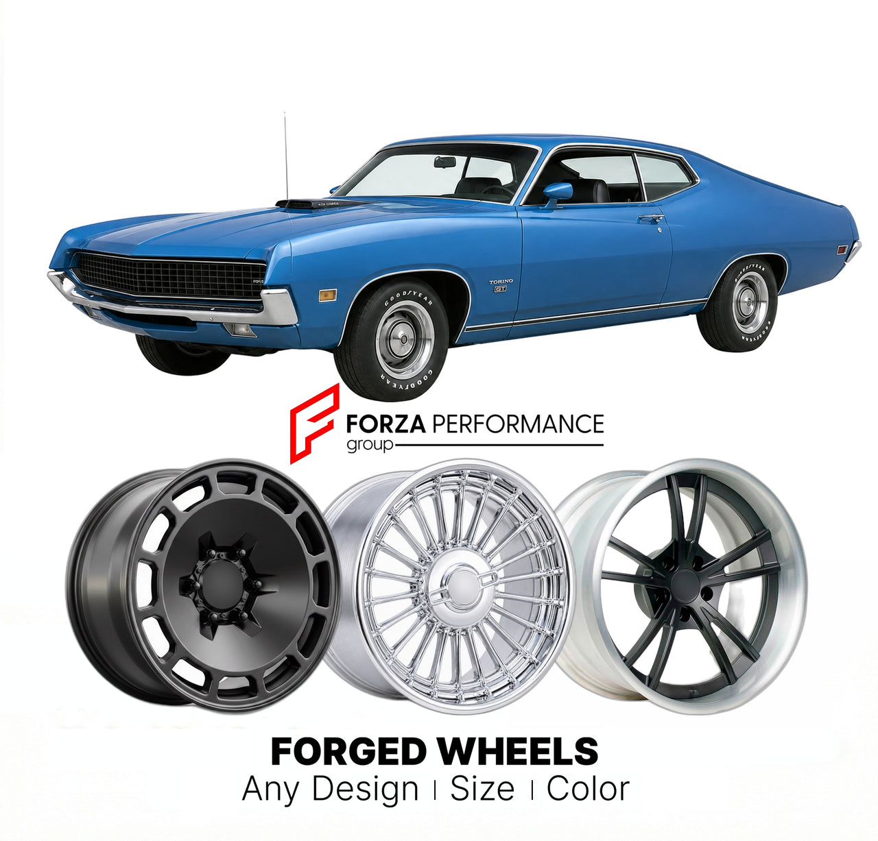 CUSTOM CLASSIC VINTAGE RESTOMOD RETRO OLD SCHOOL FORGED WHEELS RIMS for FORD TORINO GT COBRA 429 1970 - 1971
Custom forged wheels for classic American muscle cars. Ideal for restomod builds, vintage restorations, and show cars. Deep dish and retro styling available.

We manufacture premium quality forged wheels rims for Ford Torino GT Cobra 429 1970 - 1971 in any design, size, color.

THIS WHEEL DESIGN CAN BE CUSTOM-MADE FOR YOUR CAR IN ANY SIZE AND COLOR OPTIONS
Available in monoblock, 2-piece, 3-piece, du