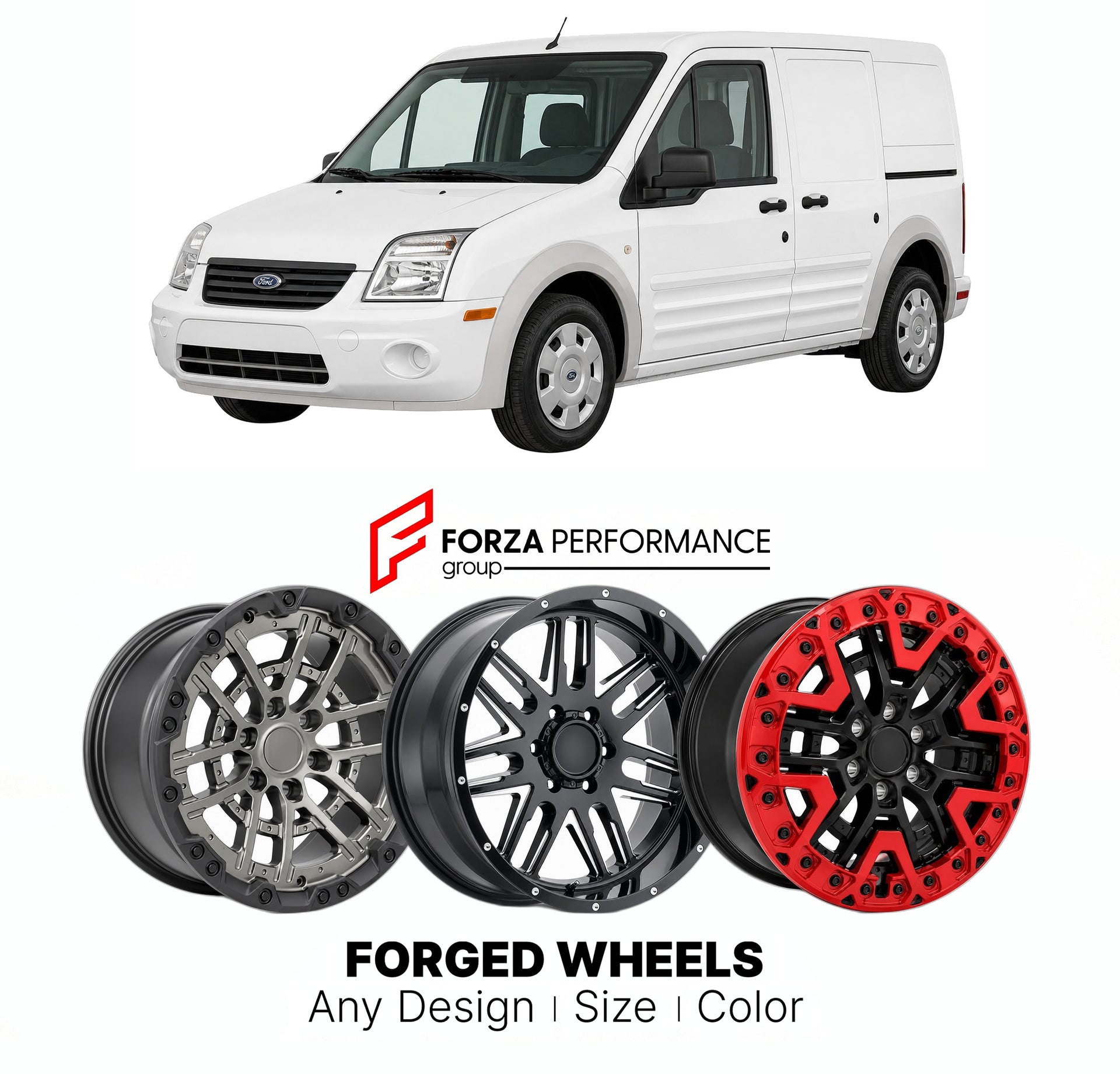 FORGED WHEELS RIMS for FORD TRANSIT CONNECT NORTH AMERICA 2010 - 2013

Custom forged wheels for Ford Transit Connect North America 2010 - 2013. Made-to-order monoblock, 2-piece and 3-piece rims in custom sizes, offsets, colors and finishes with guaranteed fitment.

We manufacture premium quality forged wheels rims for Ford Transit Connect North America 2010 - 2013 in any design, size, color.

THIS WHEEL DESIGN CAN BE CUSTOM-MADE FOR YOUR CAR IN ANY SIZE AND COLOR OPTIONS
Available in monoblock, 2-piece, 3-p