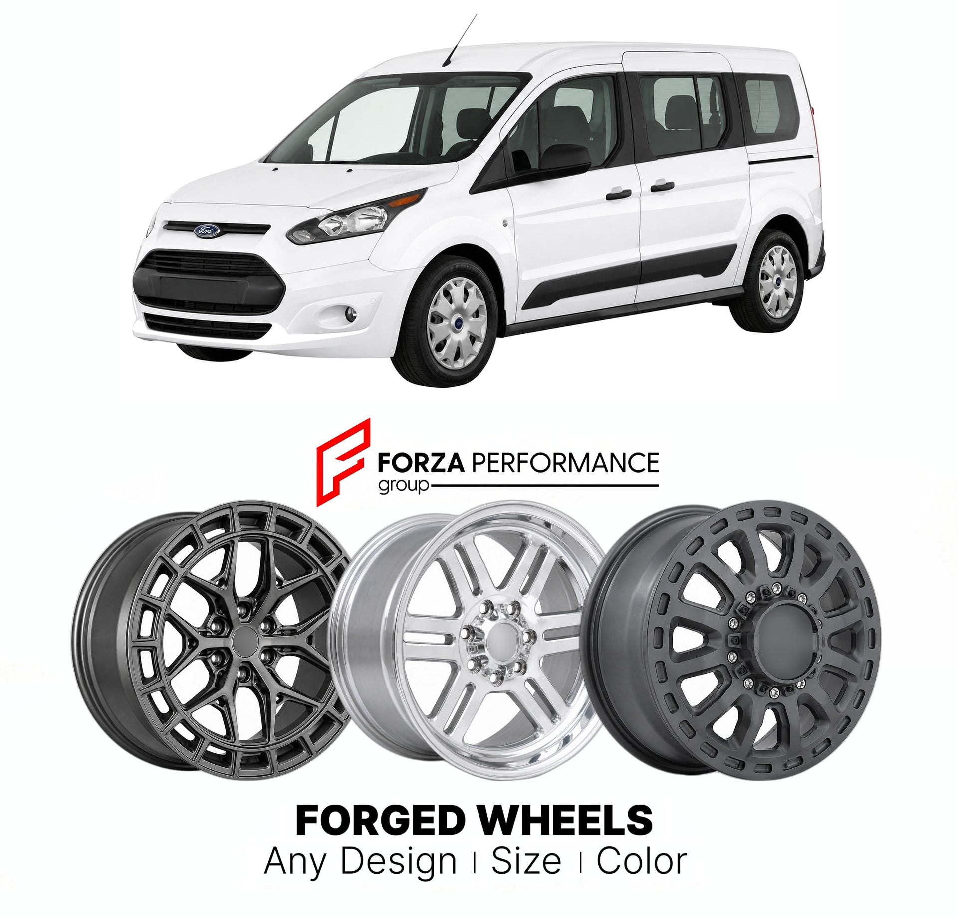 FORGED WHEELS RIMS for FORD TRANSIT CONNECT NORTH AMERICA 2014 - 2023

Custom forged wheels for Ford Transit Connect North America 2014 - 2023. Made-to-order monoblock, 2-piece and 3-piece rims in custom sizes, offsets, colors and finishes with guaranteed fitment.

We manufacture premium quality forged wheels rims for Ford Transit Connect North America 2014 - 2023 in any design, size, color.

THIS WHEEL DESIGN CAN BE CUSTOM-MADE FOR YOUR CAR IN ANY SIZE AND COLOR OPTIONS
Available in monoblock, 2-piece, 3-p