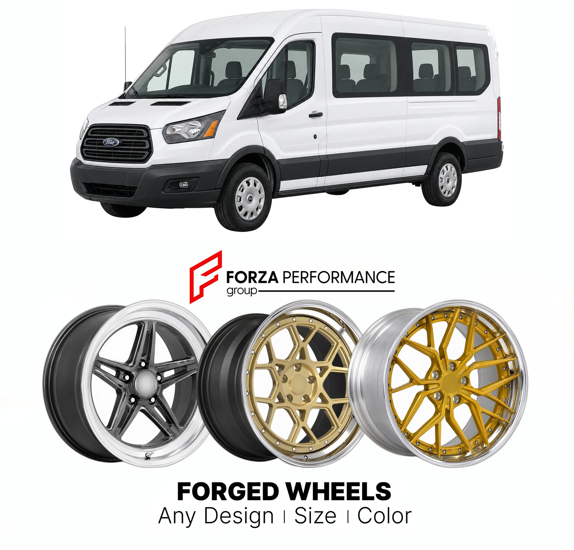 FORGED WHEELS RIMS for FORD TRANSIT PASSENGER VAN NORTH AMERICA 2015+

Custom forged wheels for Ford Transit Passenger Van North America 2015+. Made-to-order monoblock, 2-piece and 3-piece rims in custom sizes, offsets, colors and finishes with guaranteed fitment.

We manufacture premium quality forged wheels rims for Ford Transit Passenger Van North America 2015+ in any design, size, color.

THIS WHEEL DESIGN CAN BE CUSTOM-MADE FOR YOUR CAR IN ANY SIZE AND COLOR OPTIONS
Available in monoblock, 2-piece, 3-p