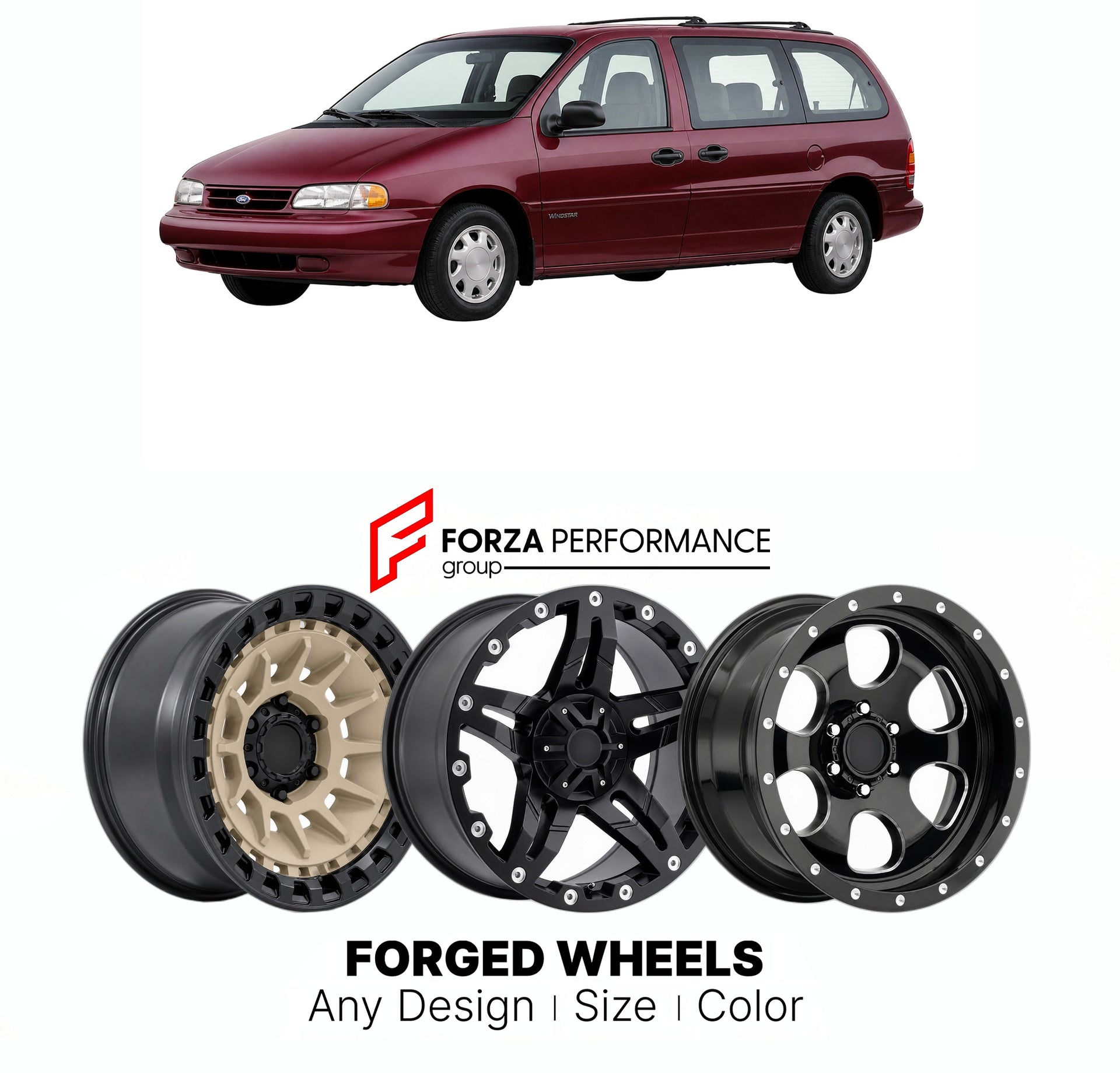FORGED WHEELS RIMS for FORD WINDSTAR 1995 - 1998

Custom forged wheels for Ford Windstar 1995 - 1998. Made-to-order monoblock, 2-piece and 3-piece rims in custom sizes, offsets, colors and finishes with guaranteed fitment.

We manufacture premium quality forged wheels rims for Ford Windstar 1995 - 1998 in any design, size, color.

THIS WHEEL DESIGN CAN BE CUSTOM-MADE FOR YOUR CAR IN ANY SIZE AND COLOR OPTIONS
Available in monoblock, 2-piece, 3-piece, duoblock, beadlock
3D wheel renderings are provided accor