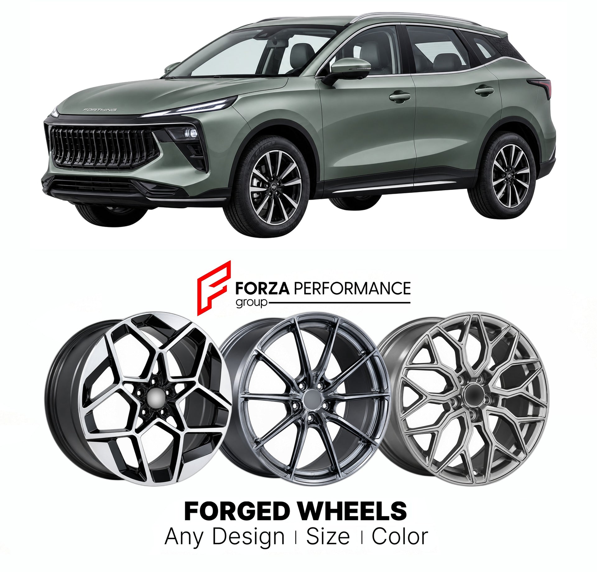 Custom forged wheels for Forthing Dongfeng T5 Evo 2021+. Made-to-order monoblock, 2-piece and 3-piece wheels in custom sizes, offsets, colors and finishes with guaranteed vehicle fitment.

We manufacture premium quality forged wheels rims for Forthing Dongfeng T5 Evo 2021+ in any design, size, color.

THIS WHEEL DESIGN CAN BE CUSTOM-MADE FOR YOUR CAR IN ANY SIZE AND COLOR OPTIONS
Available in monoblock, 2-piece, 3-piece, duoblock, beadlock
3D wheel renderings are provided according to the exact dimensions a