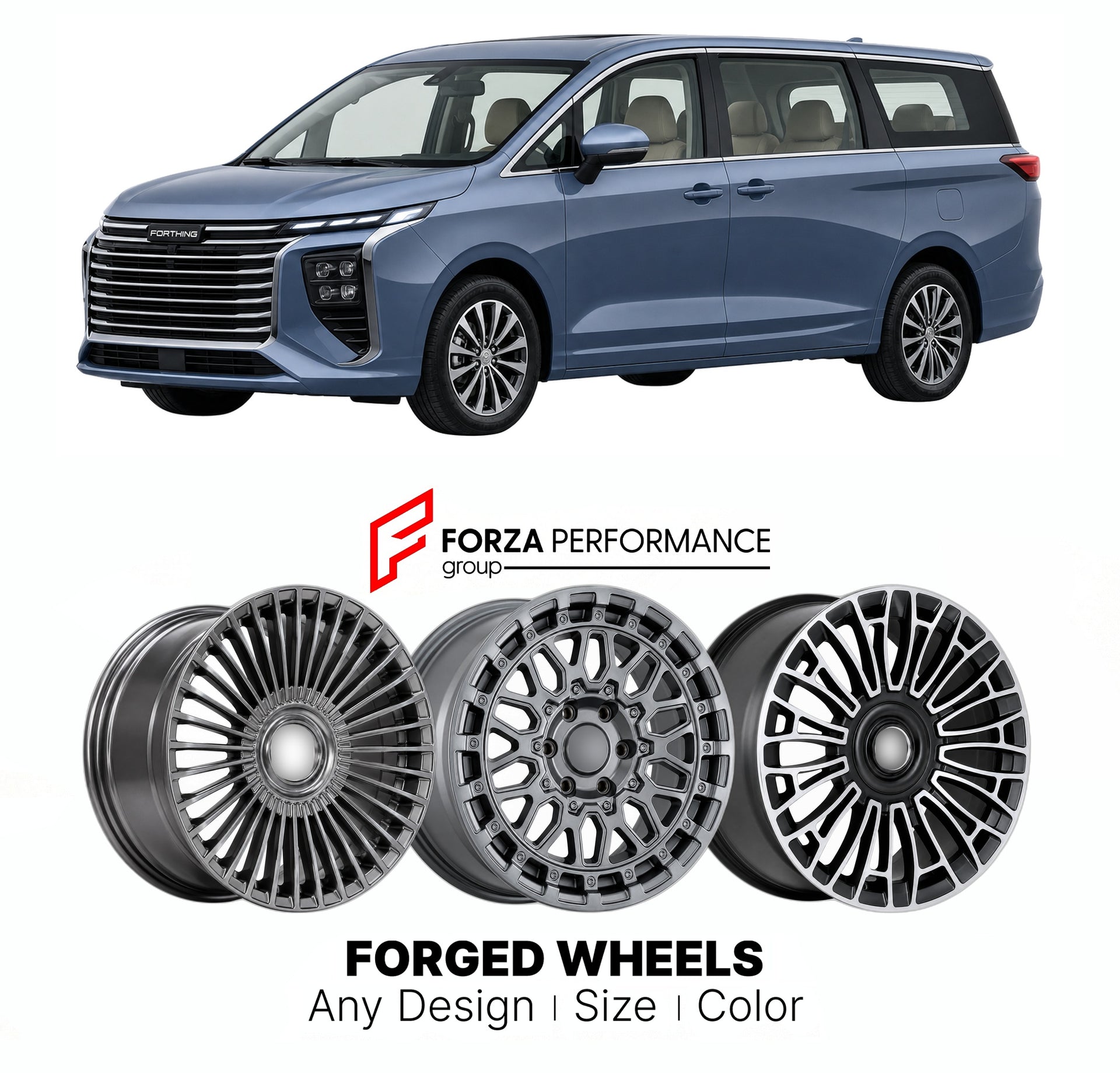 Custom forged wheels for Forthing Dongfeng U-Tour Yacht 2022+. Made-to-order monoblock, 2-piece and 3-piece wheels in custom sizes, offsets, colors and finishes with guaranteed vehicle fitment.

We manufacture premium quality forged wheels rims for Forthing Dongfeng U-Tour Yacht 2022+ in any design, size, color.

THIS WHEEL DESIGN CAN BE CUSTOM-MADE FOR YOUR CAR IN ANY SIZE AND COLOR OPTIONS
Available in monoblock, 2-piece, 3-piece, duoblock, beadlock
3D wheel renderings are provided according to the exact 