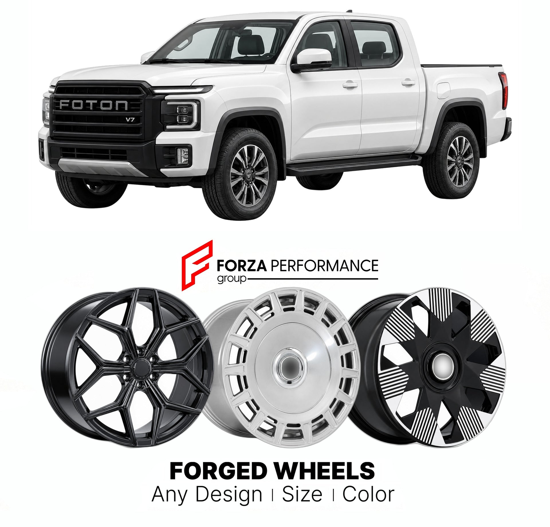 Custom forged wheels for Foton Tunland V7 2024+. Made-to-order monoblock, 2-piece and 3-piece wheels in custom sizes, offsets, colors and finishes with guaranteed vehicle fitment.

We manufacture premium quality forged wheels rims for Foton Tunland V7 2024+ in any design, size, color.

THIS WHEEL DESIGN CAN BE CUSTOM-MADE FOR YOUR CAR IN ANY SIZE AND COLOR OPTIONS
Available in monoblock, 2-piece, 3-piece, duoblock, beadlock
3D wheel renderings are provided according to the exact dimensions and specification
