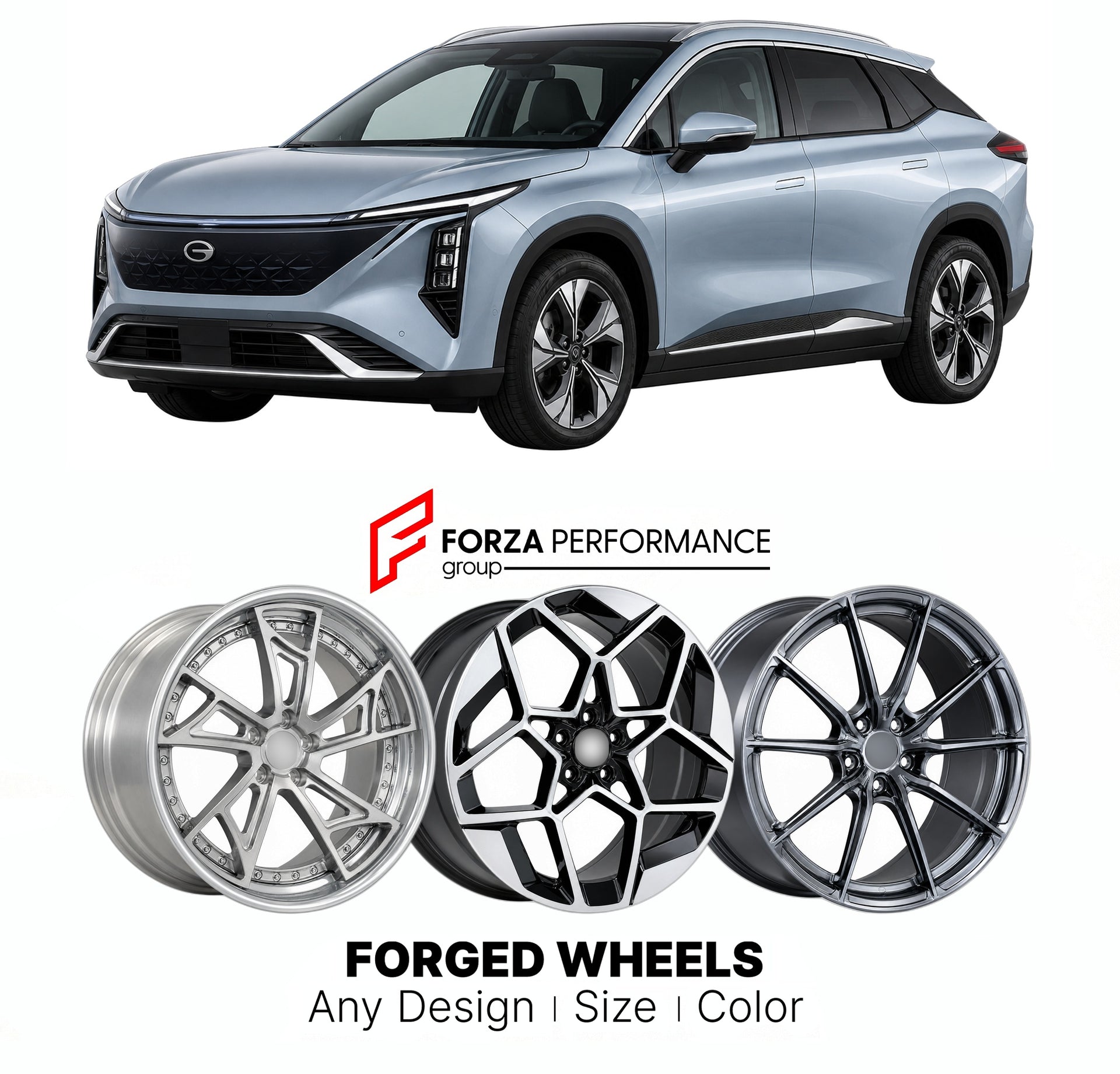 Custom forged wheels for GAC Aion LX Plus 2022+. Made-to-order monoblock, 2-piece and 3-piece wheels in custom sizes, offsets, colors and finishes with guaranteed vehicle fitment.

We manufacture premium quality forged wheels rims for GAC Aion LX Plus 2022+ in any design, size, color.

THIS WHEEL DESIGN CAN BE CUSTOM-MADE FOR YOUR CAR IN ANY SIZE AND COLOR OPTIONS
Available in monoblock, 2-piece, 3-piece, duoblock, beadlock
3D wheel renderings are provided according to the exact dimensions and specification
