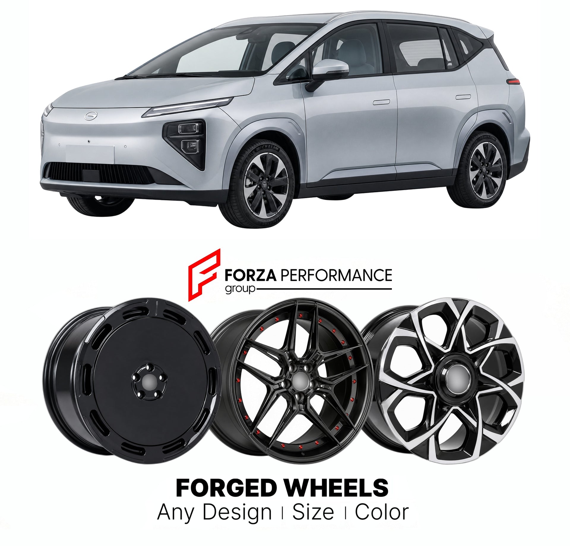 Custom forged wheels for GAC Aion Y 2021+. Made-to-order monoblock, 2-piece and 3-piece wheels in custom sizes, offsets, colors and finishes with guaranteed vehicle fitment.

We manufacture premium quality forged wheels rims for GAC Aion Y 2021+ in any design, size, color.

THIS WHEEL DESIGN CAN BE CUSTOM-MADE FOR YOUR CAR IN ANY SIZE AND COLOR OPTIONS
Available in monoblock, 2-piece, 3-piece, duoblock, beadlock
3D wheel renderings are provided according to the exact dimensions and specifications requested 