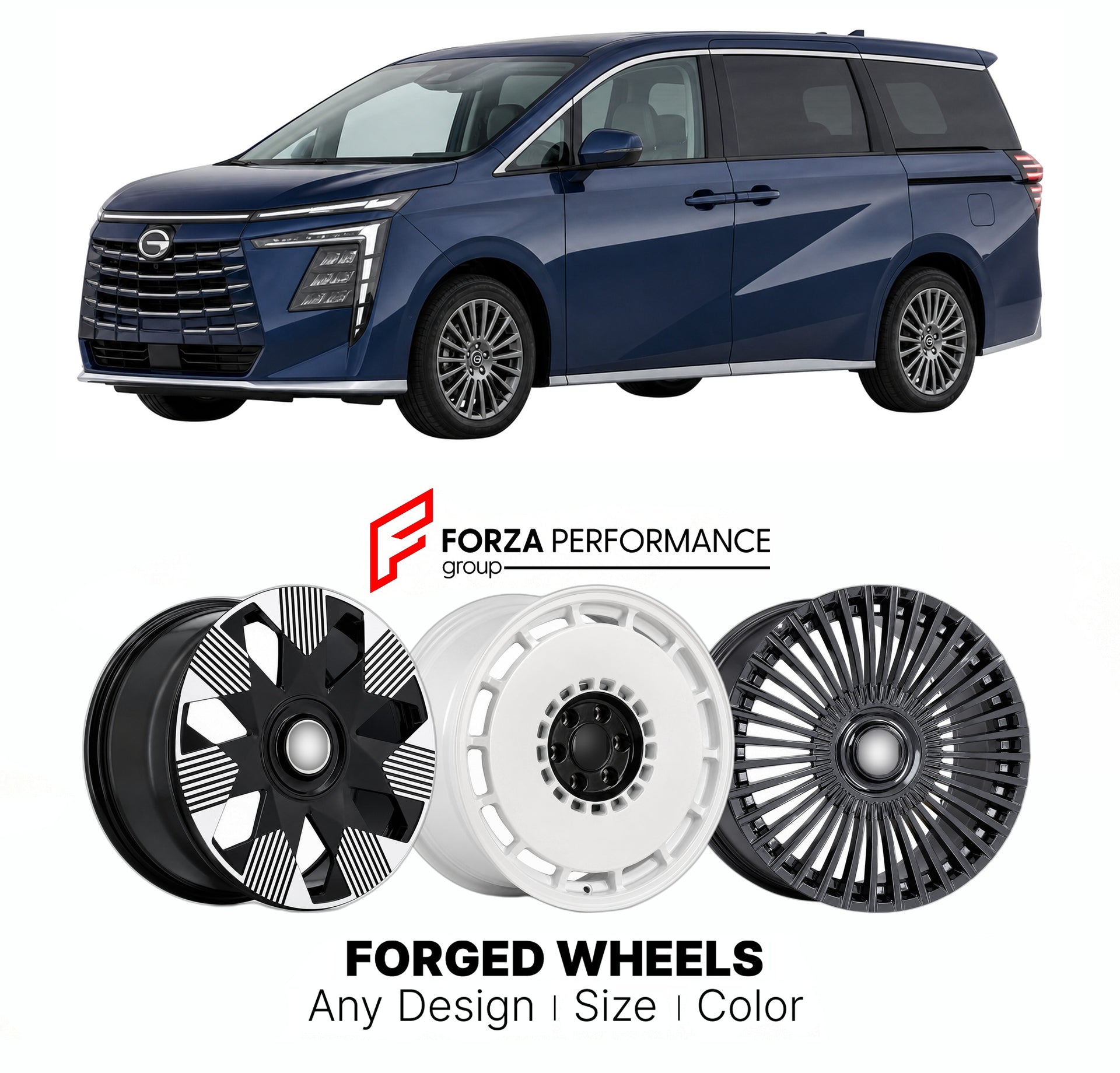 Custom forged wheels for GAC Trumpchi E8 2023+. Made-to-order monoblock, 2-piece and 3-piece wheels in custom sizes, offsets, colors and finishes with guaranteed vehicle fitment.

We manufacture premium quality forged wheels rims for GAC Trumpchi E8 2023+ in any design, size, color.

THIS WHEEL DESIGN CAN BE CUSTOM-MADE FOR YOUR CAR IN ANY SIZE AND COLOR OPTIONS
Available in monoblock, 2-piece, 3-piece, duoblock, beadlock
3D wheel renderings are provided according to the exact dimensions and specifications 