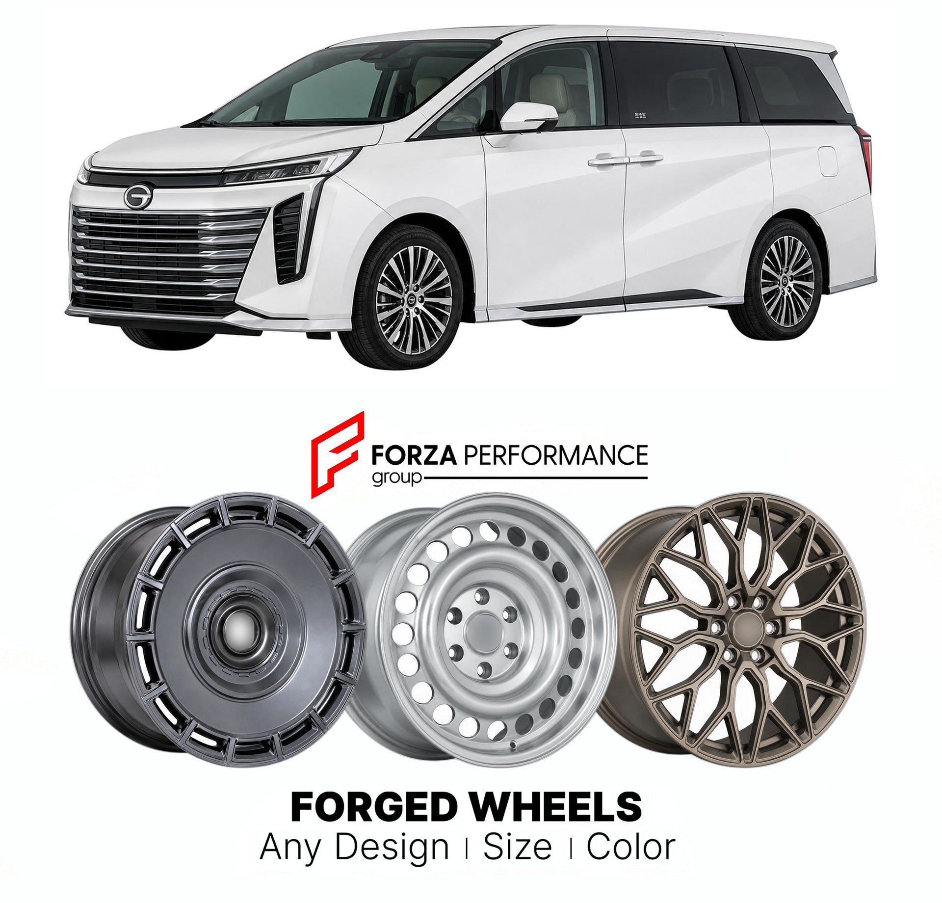 Custom forged wheels for GAC Trumpchi E9 2023+. Made-to-order monoblock, 2-piece and 3-piece wheels in custom sizes, offsets, colors and finishes with guaranteed vehicle fitment.

We manufacture premium quality forged wheels rims for GAC Trumpchi E9 2023+ in any design, size, color.

THIS WHEEL DESIGN CAN BE CUSTOM-MADE FOR YOUR CAR IN ANY SIZE AND COLOR OPTIONS
Available in monoblock, 2-piece, 3-piece, duoblock, beadlock
3D wheel renderings are provided according to the exact dimensions and specifications 