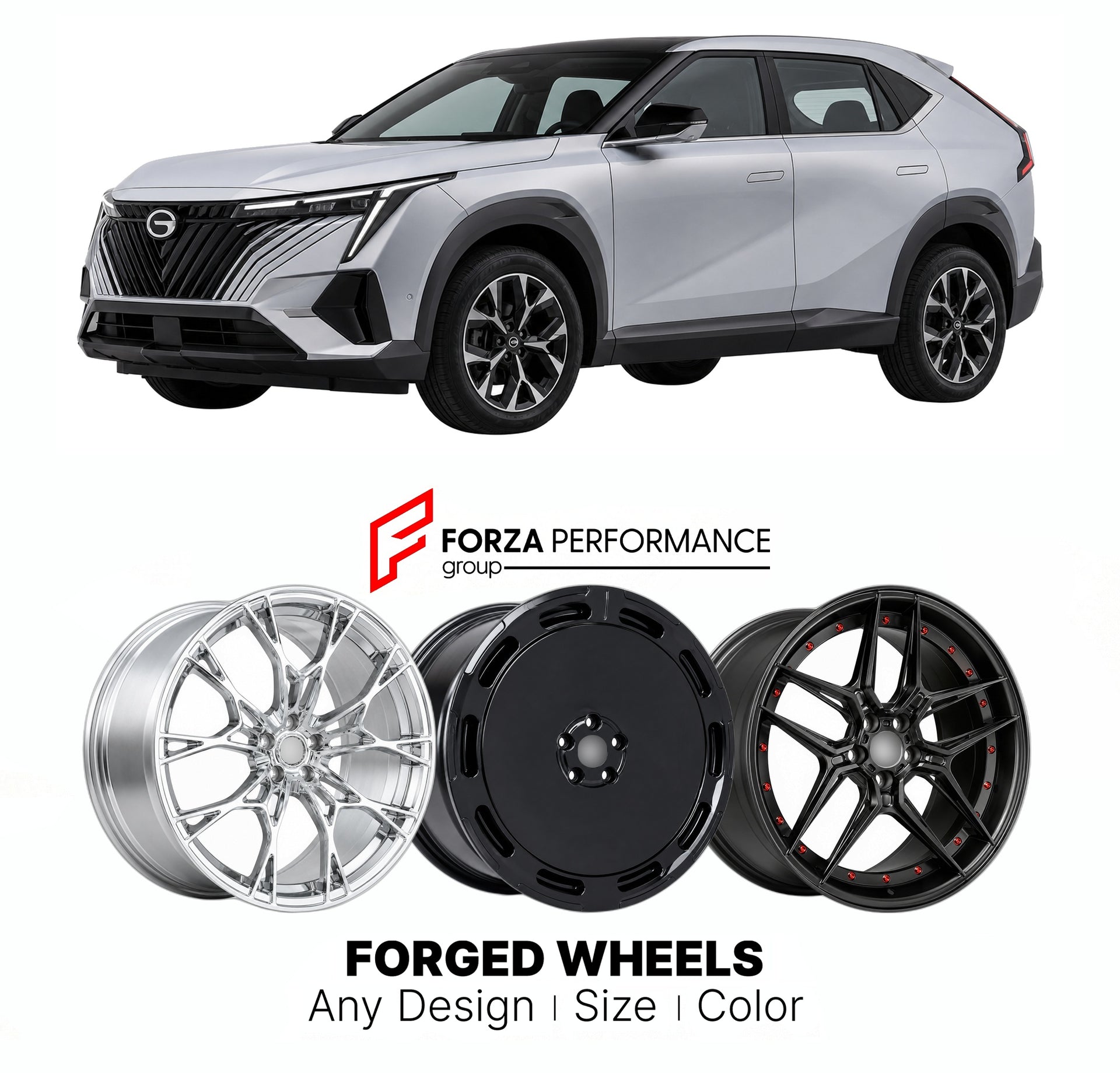 Custom forged wheels for GAC Trumpchi Emkoo 2022+. Made-to-order monoblock, 2-piece and 3-piece wheels in custom sizes, offsets, colors and finishes with guaranteed vehicle fitment.

We manufacture premium quality forged wheels rims for GAC Trumpchi Emkoo 2022+ in any design, size, color.

THIS WHEEL DESIGN CAN BE CUSTOM-MADE FOR YOUR CAR IN ANY SIZE AND COLOR OPTIONS
Available in monoblock, 2-piece, 3-piece, duoblock, beadlock
3D wheel renderings are provided according to the exact dimensions and specifica