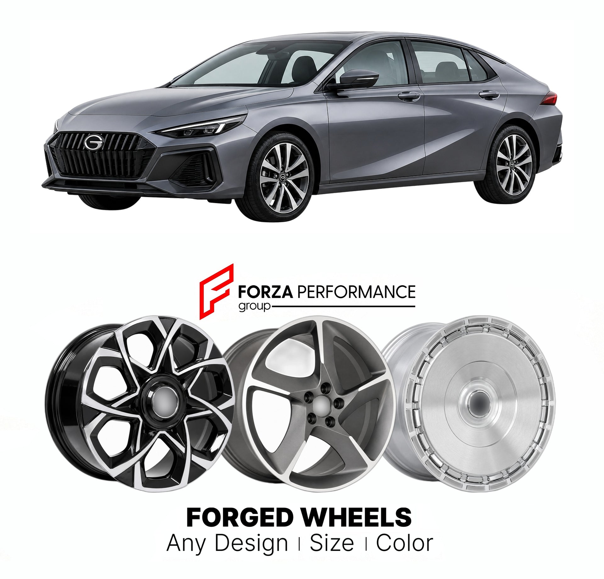 Custom forged wheels for GAC Trumpchi Empow 2021+. Made-to-order monoblock, 2-piece and 3-piece wheels in custom sizes, offsets, colors and finishes with guaranteed vehicle fitment.

We manufacture premium quality forged wheels rims for GAC Trumpchi Empow 2021+ in any design, size, color.

THIS WHEEL DESIGN CAN BE CUSTOM-MADE FOR YOUR CAR IN ANY SIZE AND COLOR OPTIONS
Available in monoblock, 2-piece, 3-piece, duoblock, beadlock
3D wheel renderings are provided according to the exact dimensions and specifica