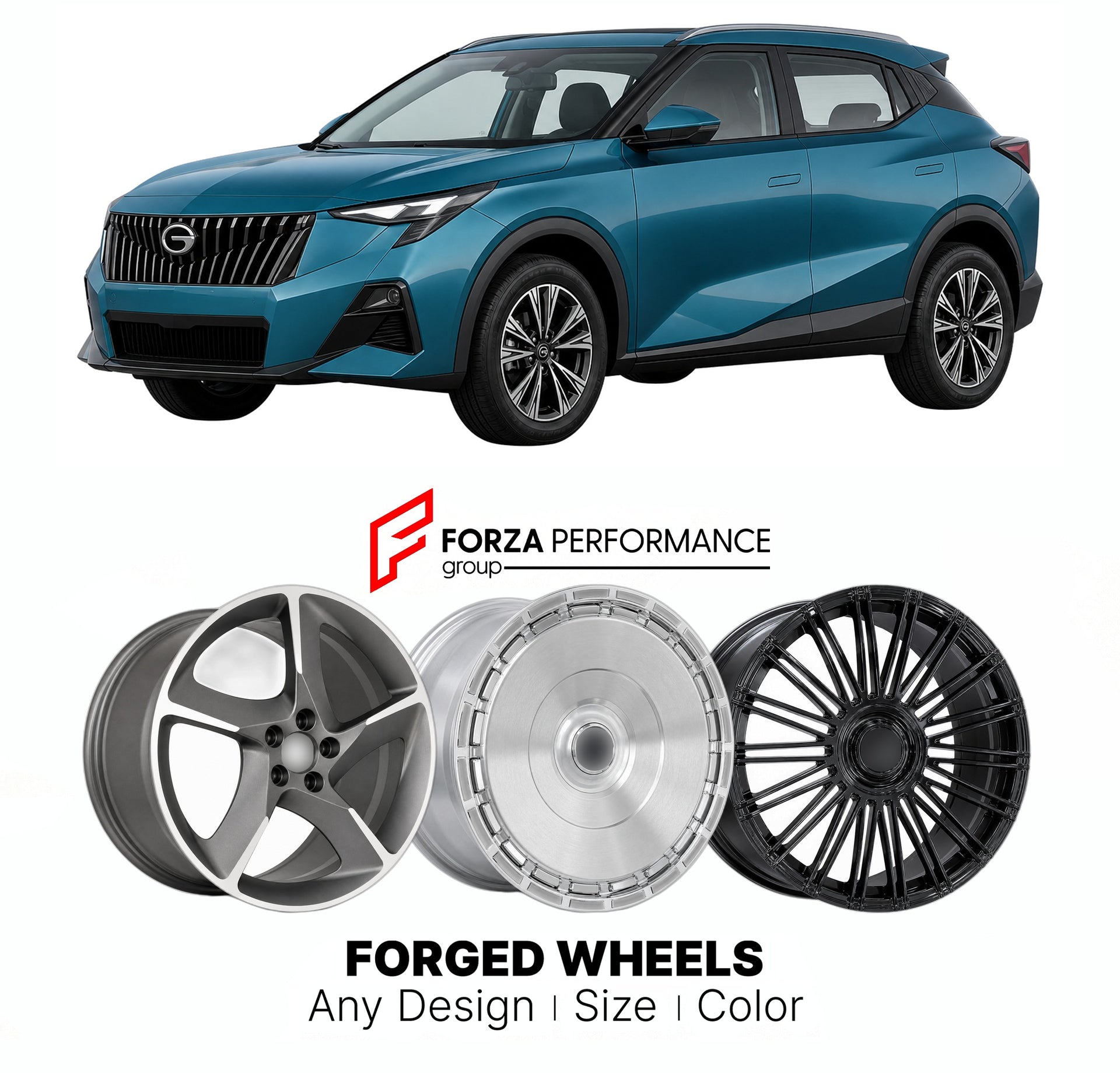 Custom forged wheels for GAC Trumpchi GS3 Emzoom 2023+. Made-to-order monoblock, 2-piece and 3-piece wheels in custom sizes, offsets, colors and finishes with guaranteed vehicle fitment.

We manufacture premium quality forged wheels rims for GAC Trumpchi GS3 Emzoom 2023+ in any design, size, color.

THIS WHEEL DESIGN CAN BE CUSTOM-MADE FOR YOUR CAR IN ANY SIZE AND COLOR OPTIONS
Available in monoblock, 2-piece, 3-piece, duoblock, beadlock
3D wheel renderings are provided according to the exact dimensions and