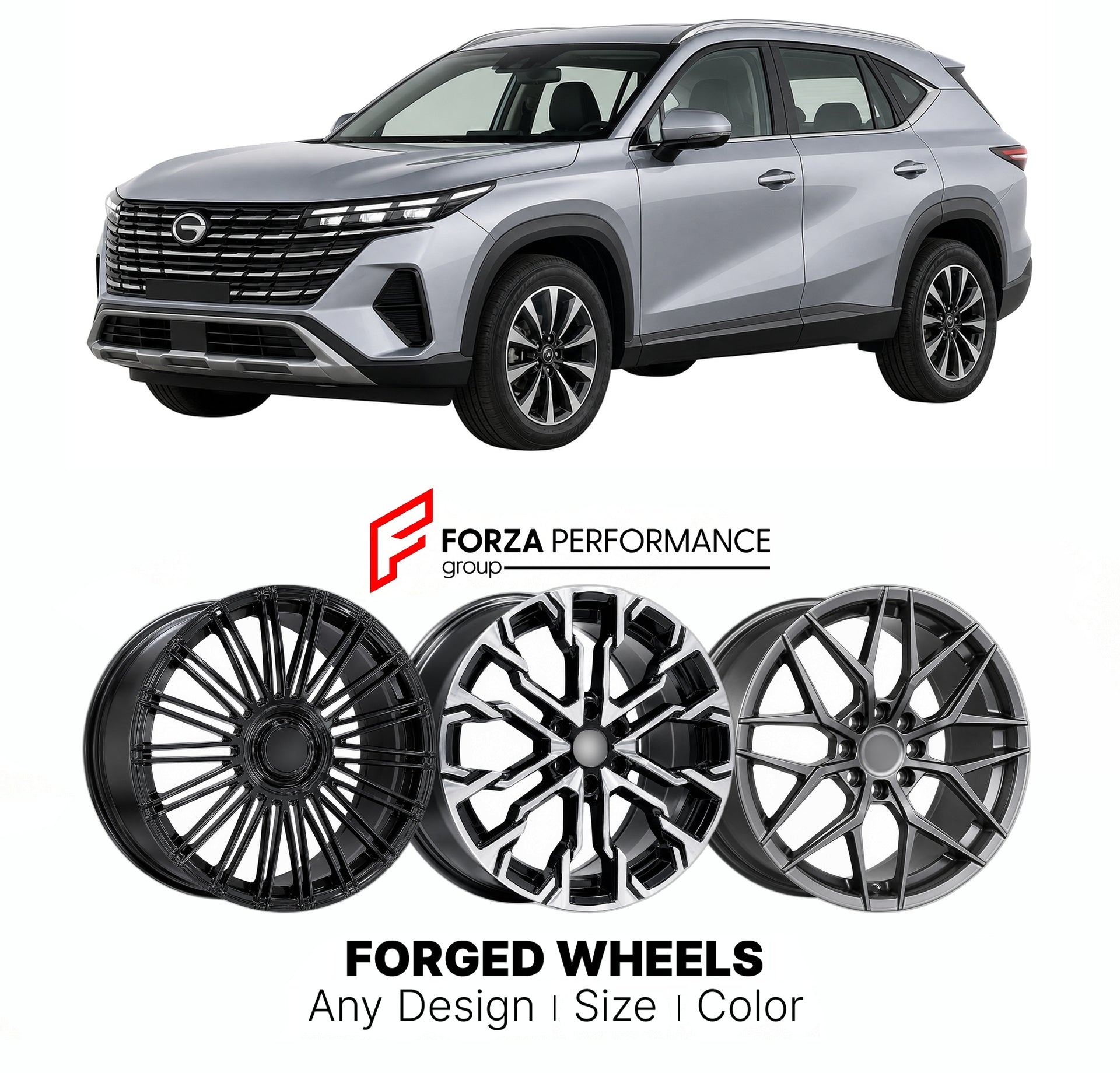 Custom forged wheels for GAC Trumpchi GS4 2024+. Made-to-order monoblock, 2-piece and 3-piece wheels in custom sizes, offsets, colors and finishes with guaranteed vehicle fitment.

We manufacture premium quality forged wheels rims for GAC Trumpchi GS4 2024+ in any design, size, color.

THIS WHEEL DESIGN CAN BE CUSTOM-MADE FOR YOUR CAR IN ANY SIZE AND COLOR OPTIONS
Available in monoblock, 2-piece, 3-piece, duoblock, beadlock
3D wheel renderings are provided according to the exact dimensions and specification