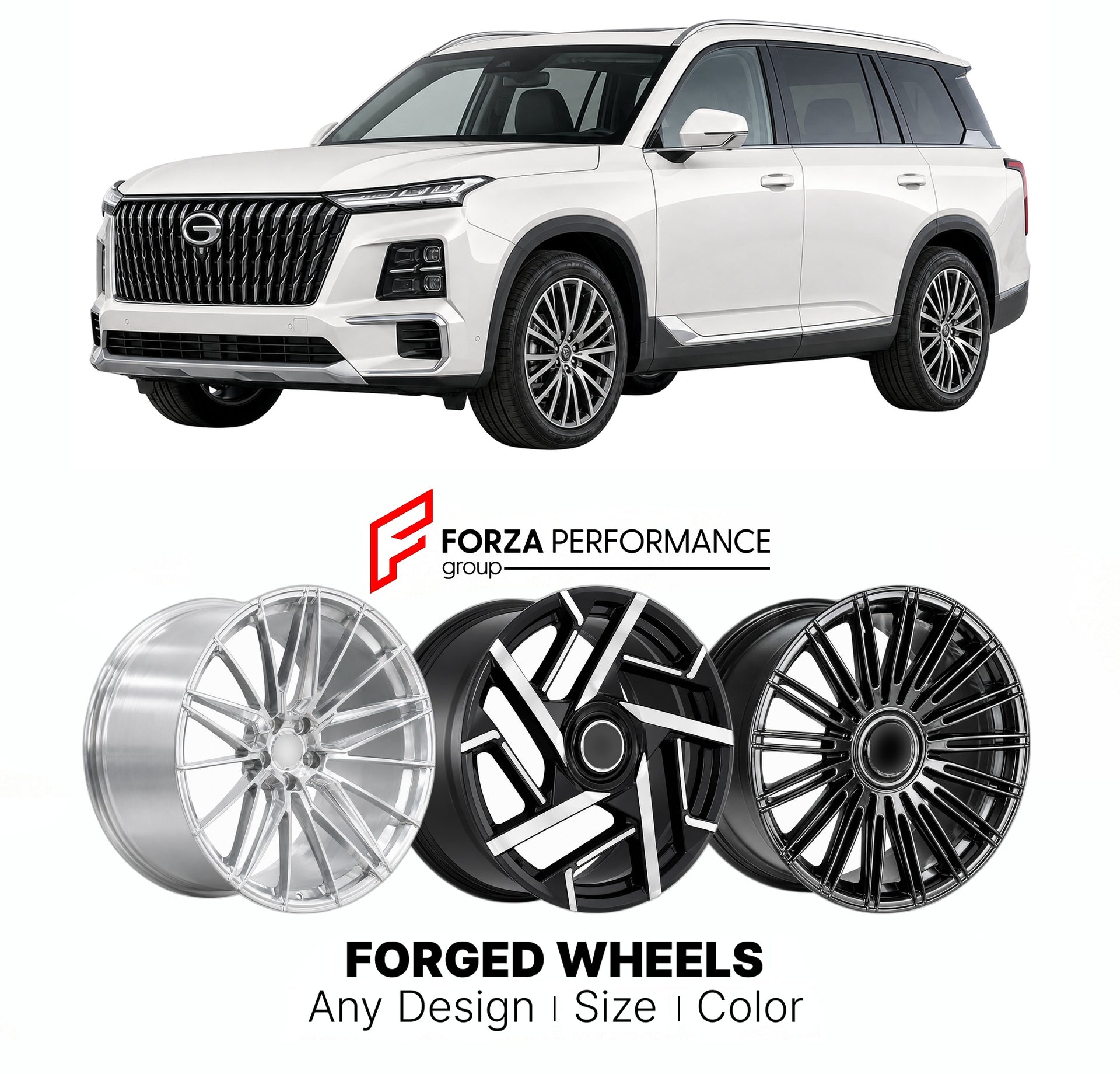 Custom forged wheels for GAC Trumpchi GS8 2021+. Made-to-order monoblock, 2-piece and 3-piece wheels in custom sizes, offsets, colors and finishes with guaranteed vehicle fitment.

We manufacture premium quality forged wheels rims for GAC Trumpchi GS8 2021+ in any design, size, color.

THIS WHEEL DESIGN CAN BE CUSTOM-MADE FOR YOUR CAR IN ANY SIZE AND COLOR OPTIONS
Available in monoblock, 2-piece, 3-piece, duoblock, beadlock
3D wheel renderings are provided according to the exact dimensions and specification