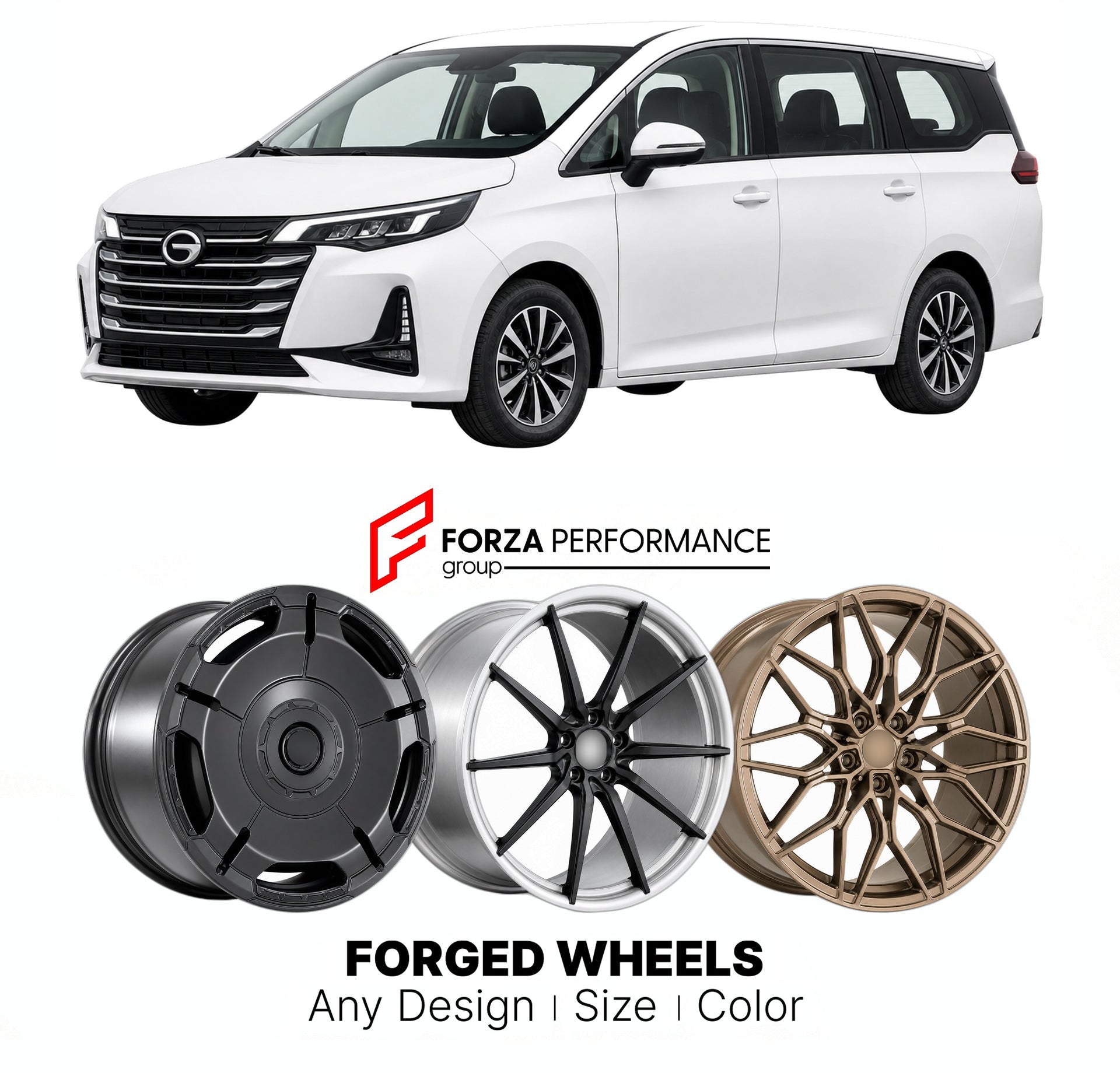 Custom forged wheels for GAC Trumpchi M6 Pro 2021+. Made-to-order monoblock, 2-piece and 3-piece wheels in custom sizes, offsets, colors and finishes with guaranteed vehicle fitment.

We manufacture premium quality forged wheels rims for GAC Trumpchi M6 Pro 2021+ in any design, size, color.

THIS WHEEL DESIGN CAN BE CUSTOM-MADE FOR YOUR CAR IN ANY SIZE AND COLOR OPTIONS
Available in monoblock, 2-piece, 3-piece, duoblock, beadlock
3D wheel renderings are provided according to the exact dimensions and specifi