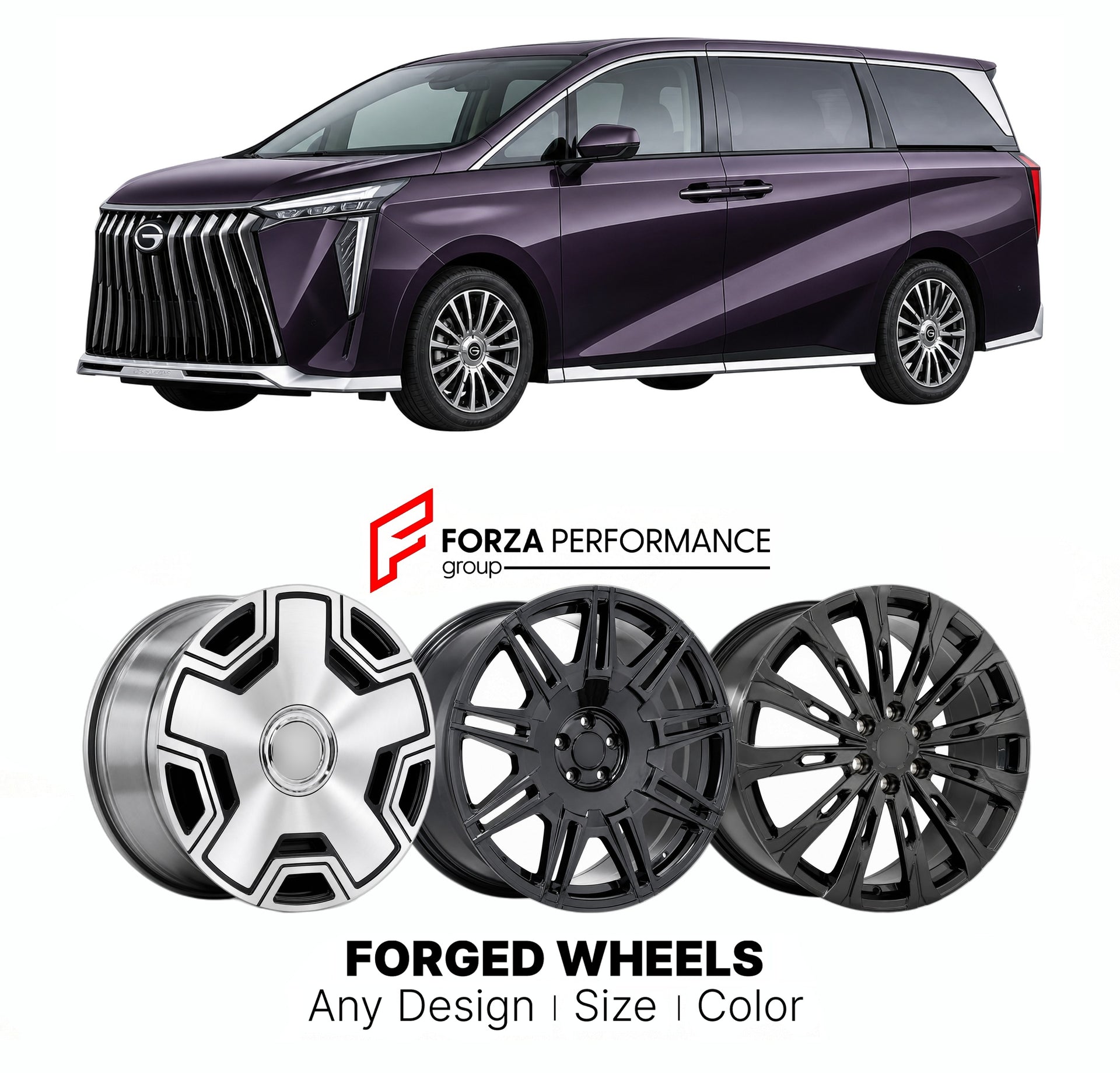 Custom forged wheels for GAC Trumpchi M8 2022+. Made-to-order monoblock, 2-piece and 3-piece wheels in custom sizes, offsets, colors and finishes with guaranteed vehicle fitment.

We manufacture premium quality forged wheels rims for GAC Trumpchi M8 2022+ in any design, size, color.

THIS WHEEL DESIGN CAN BE CUSTOM-MADE FOR YOUR CAR IN ANY SIZE AND COLOR OPTIONS
Available in monoblock, 2-piece, 3-piece, duoblock, beadlock
3D wheel renderings are provided according to the exact dimensions and specifications 