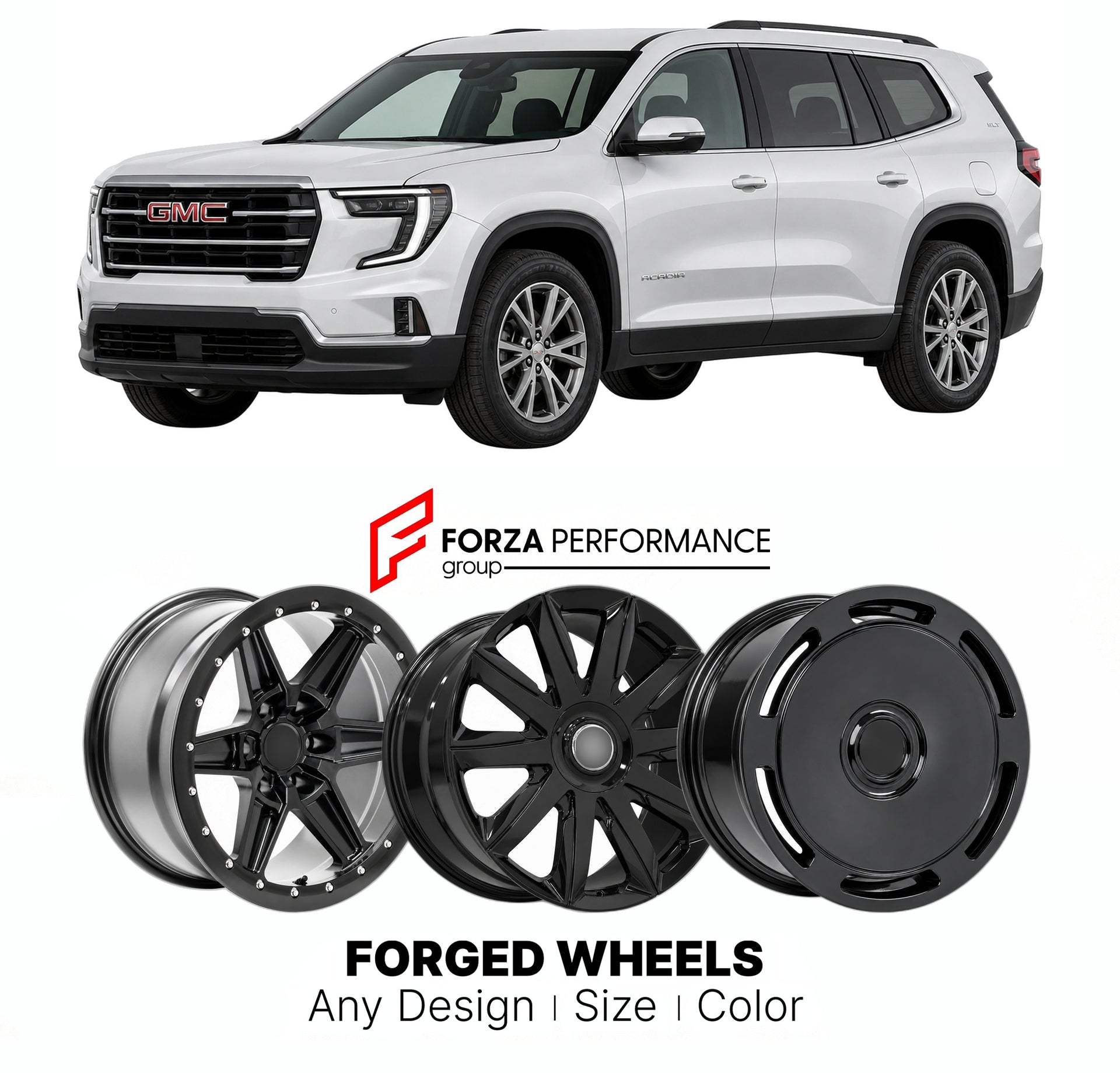 FORGED WHEELS RIMS for GMC ACADIA 2024+

Custom forged wheels for GMC Acadia 2024+. Made-to-order monoblock, 2-piece and 3-piece rims in custom sizes, offsets, colors and finishes with guaranteed fitment.

We manufacture premium quality forged wheels rims for GMC Acadia 2024+ in any design, size, color.

THIS WHEEL DESIGN CAN BE CUSTOM-MADE FOR YOUR CAR IN ANY SIZE AND COLOR OPTIONS
Available in monoblock, 2-piece, 3-piece, duoblock, beadlock
3D wheel renderings are provided according to the exact dimension